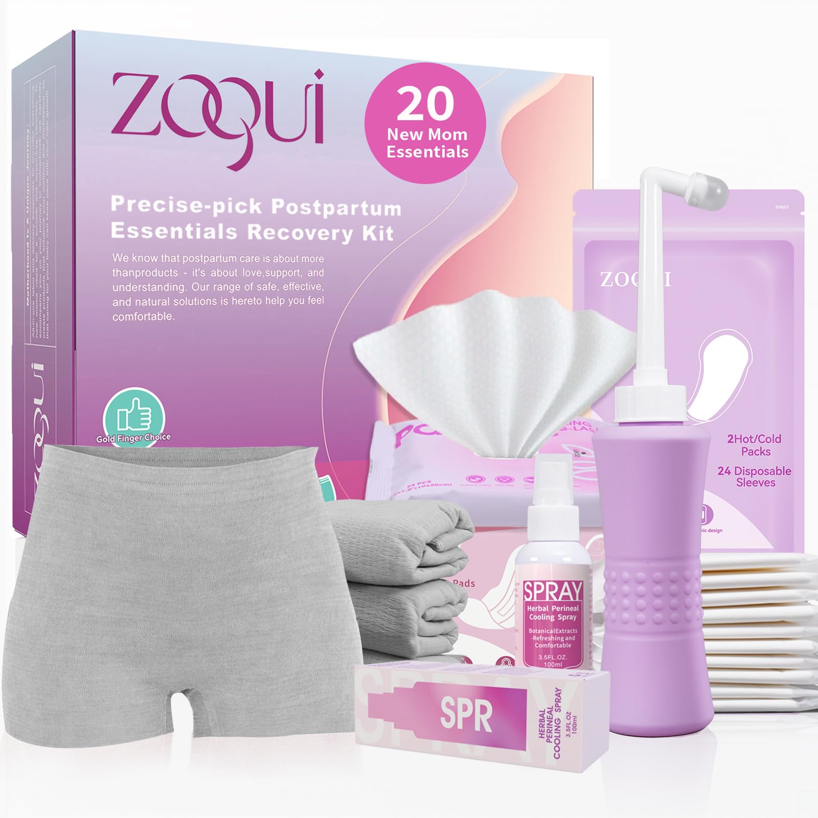 20 Pcs Mom Postpartum Essentials Recovery Kit, Hospital Bag Must Haves for New Mom, Postpartum Pads, Peri Bottle, Cooling Spray, Perineal Soothing Liners, Disposable Underwear, Hot&Cold Packs(Set)