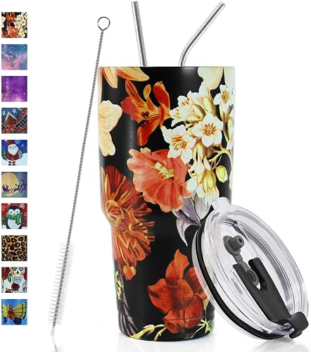 SYACOT 30oz Tumbler Double Wall Stainless Steel Vacuum Insulated Travel Mug with Splash-Proof Lid Metal Straw and Brush
