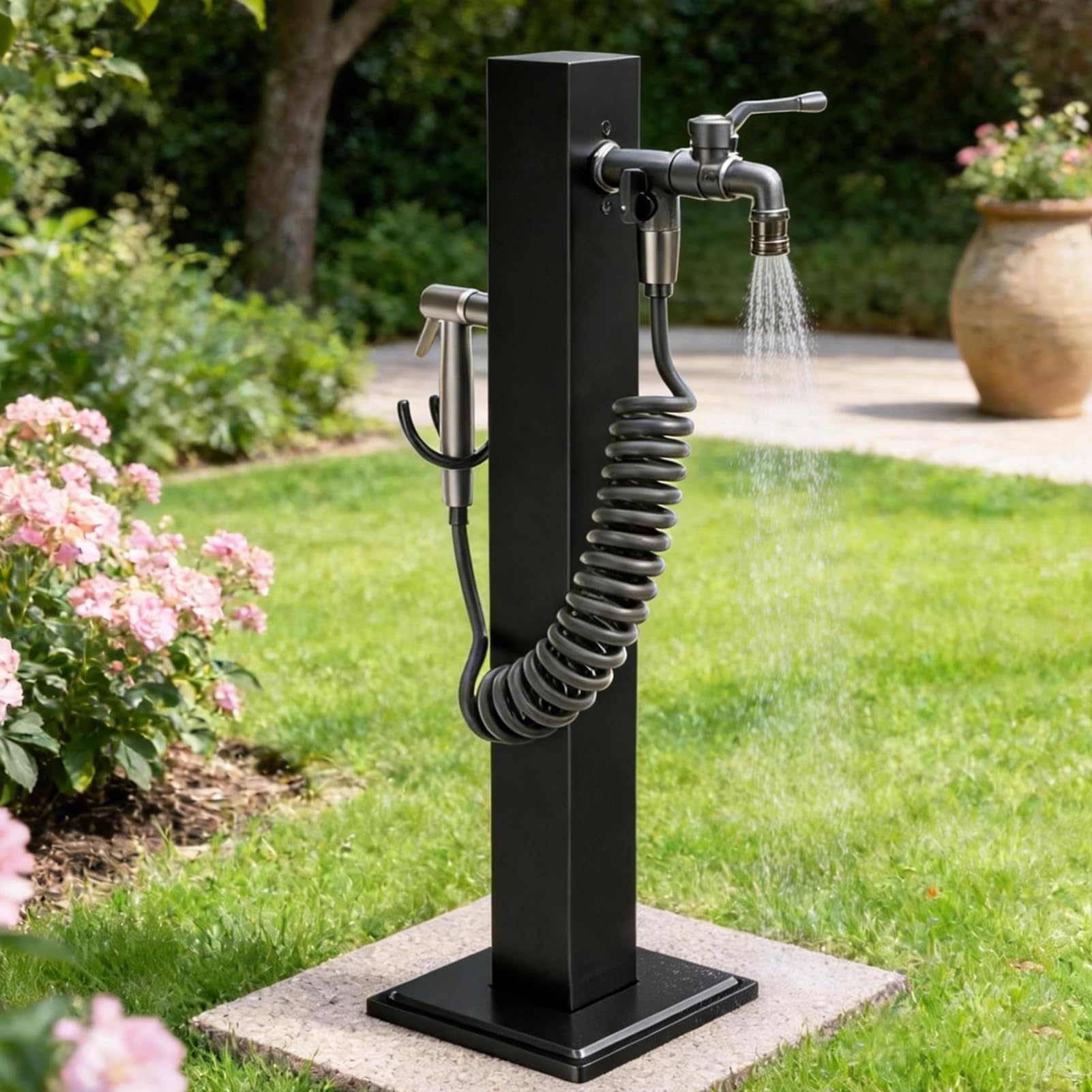 Columna de Agua para Jardín, Grifo de Jardín Negro con Pistola y Manguera, Columna de Grifo Exterior de Pie de Acero Inoxidable, Poste de Agua, Fuente Jardín, Resistente a Las Heladas 95 cm