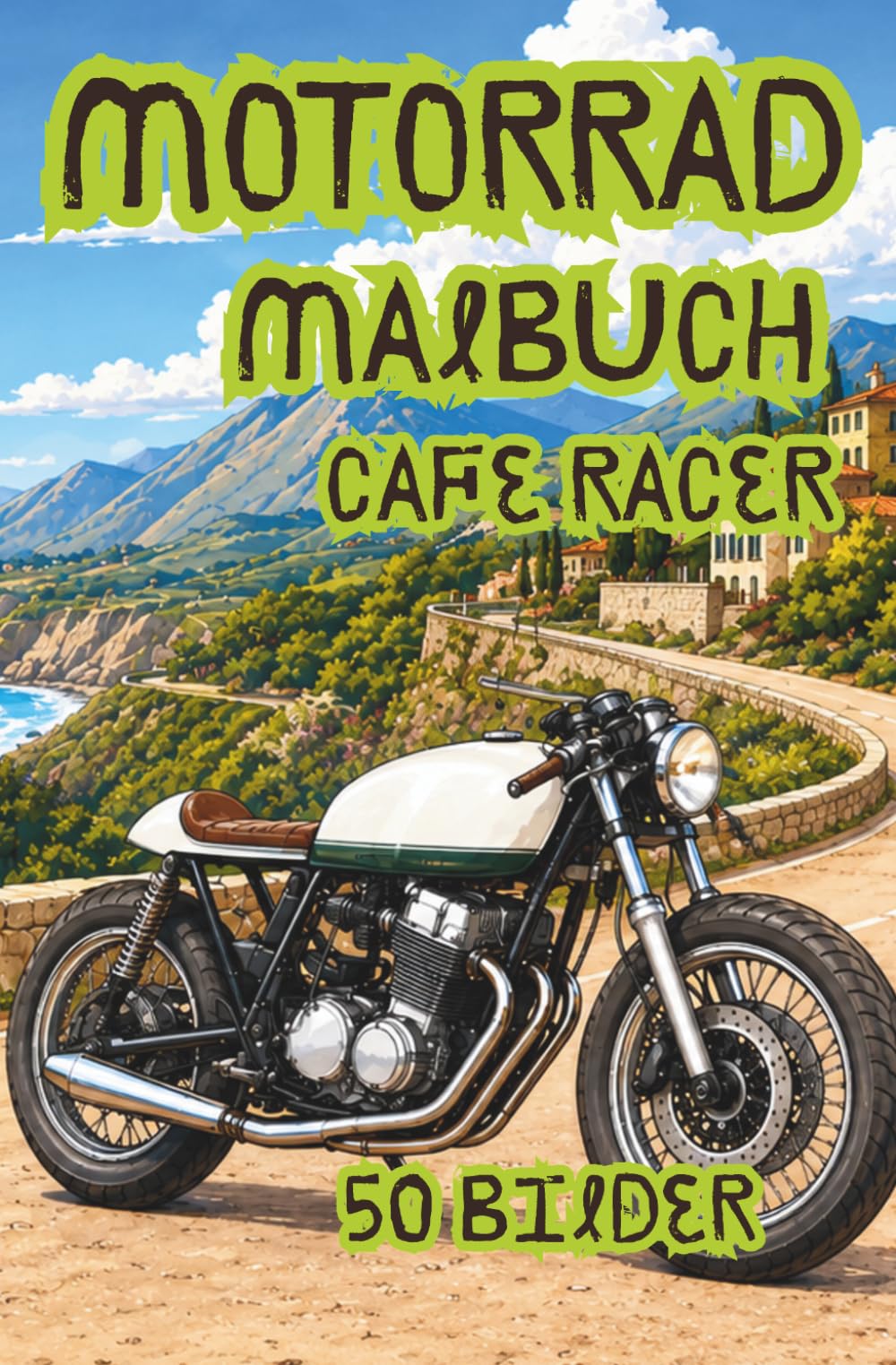 Café Racer Ausmalbuch für Motorradfans: Klassische Motorräder, kurvige Straßen, Städte, Natur und Freiheit zum Ausmalen (Motorrad Malbücher und Rätselhefte)