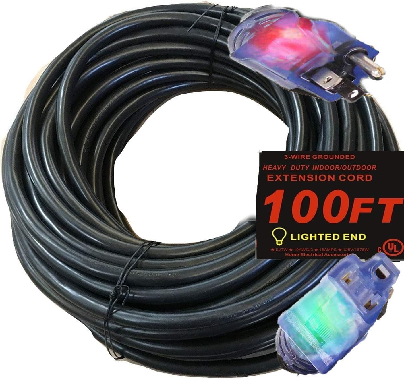 100 ft Extension Cord 10/3 – 10 Gauge Outdoor Heavy Duty Power Cable, 15 Amp 1875W, Waterproof SJTW with Lighted End, 3-Prong, Indoor/Outdoor Extreme Weather Use Flexible & Durable