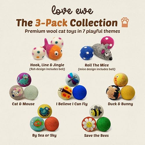 Miniatura 6 de Bolas de fieltro de lana, paquete de 3 suministros para mascotas de Love Ewe - 2 pulgadas de lana de fieltro para gatos, juguetes de fieltro 100% de