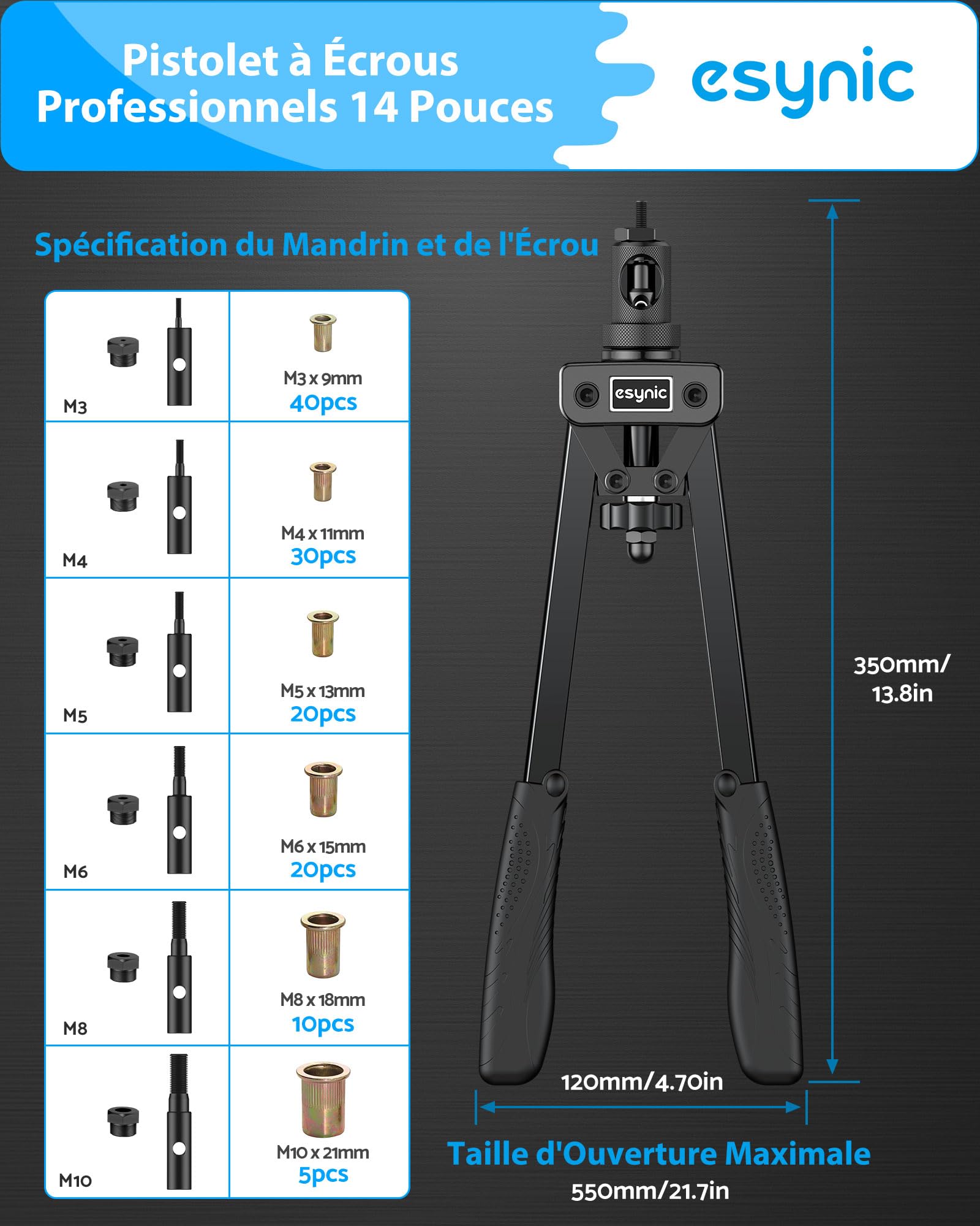 eSynic 14" Pince à Rivet Insert avec 6pcs Mandrins Métriques M3 M4 M5 M6 M8 M10 125pcs Écrous Pince à Insert Fileté avec Étui de Transport Kit de Pince à Écrou Fileté Économie de Main-d'œuvre - Noir