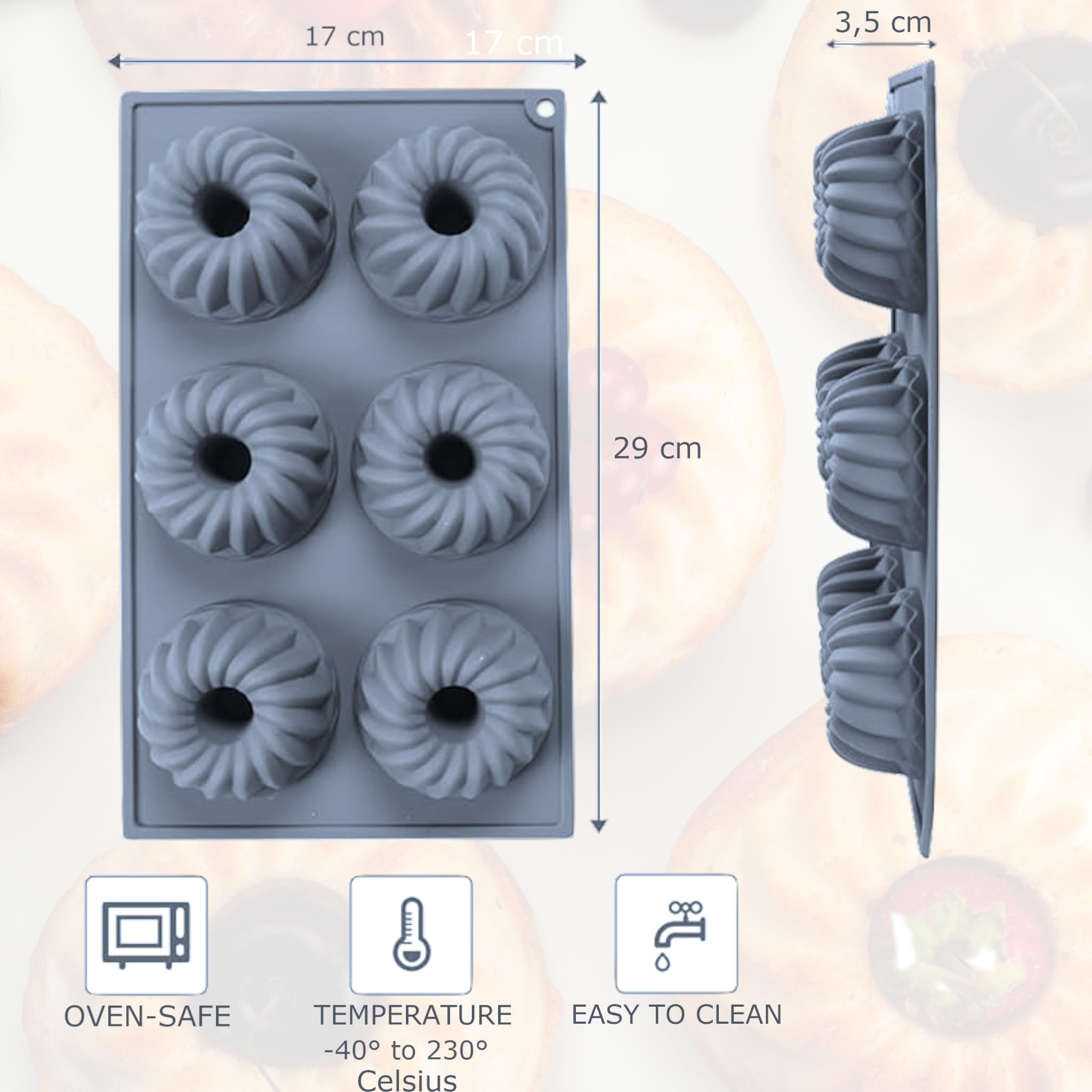 EliteHoff Mini Formy do Babeczek, Forma Silikonowa do Pieczenia Babki, Muffinek, Desery, Czekolada, Budyń, Galaretka, Bezpieczne dla Żywności, Wielokrotnego Użytku, 6 Gniazd, Szary