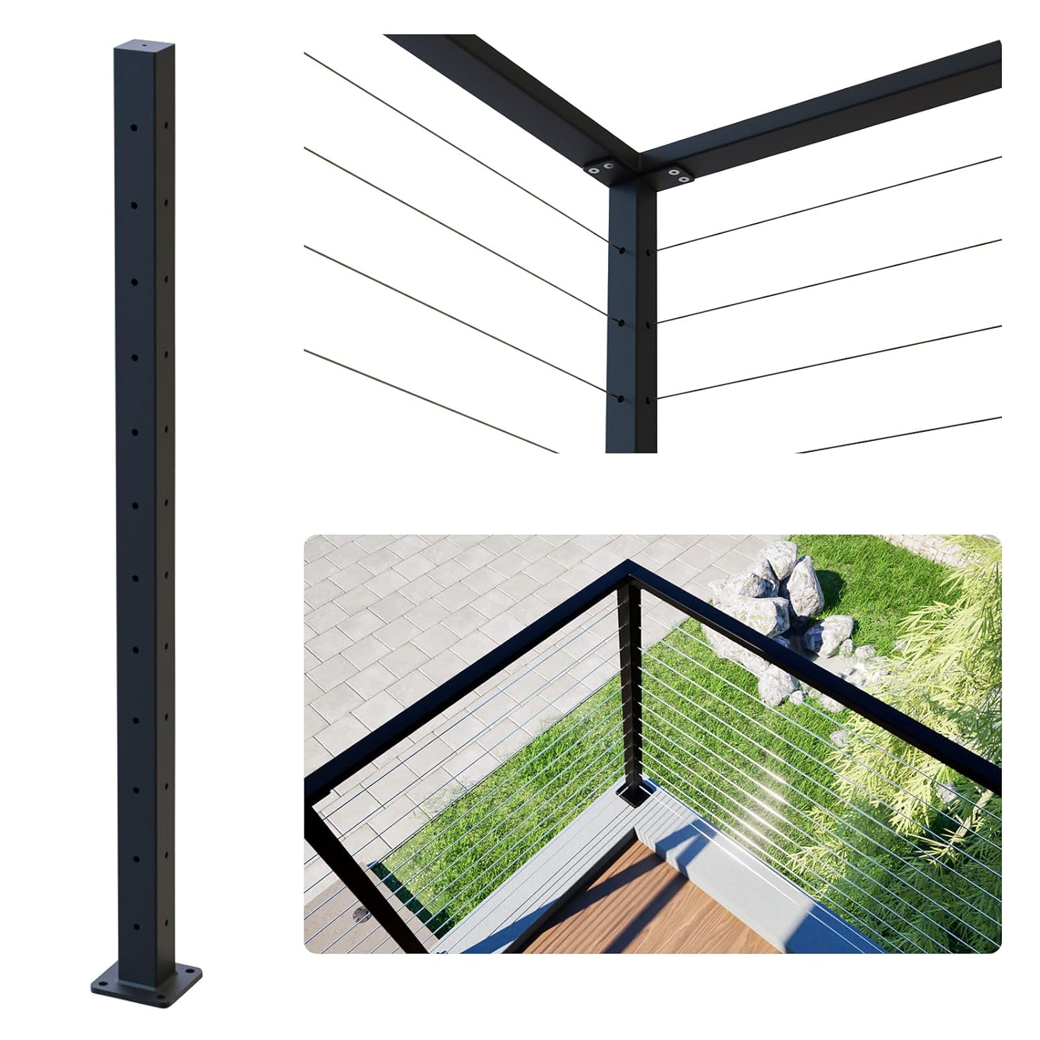 Dawn Railing 42” Heavy-Duty Cable Railing Post, 42”x2”x2” High Strength Steel Corner Post with Level Drilled Holes, Black Powder Finishing Surface for Cable Railing System Kit Deck Stair, 1 Pack
