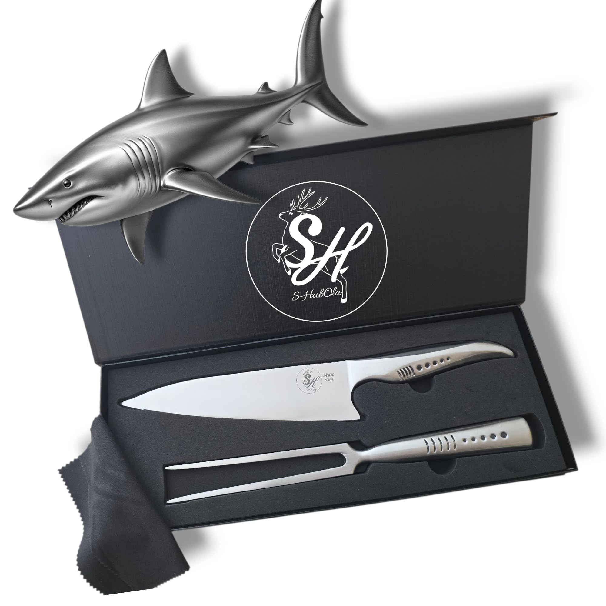 S Shark Messerset – Chefmesser 36 cm & Fleischgabel 32 cm – Voll-Edelstahl – Silber – Profi BBQ & Küchen Set – Haifisch-inspiriertes Design – Teil der S Shark Serie