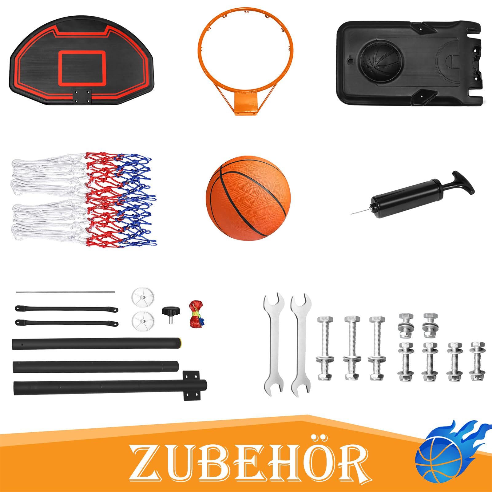 HENGMEI Basketbalkorf outdoor, basketbal installatie indoor speeltoestellen, basketbal hoepel in hoogte verstelbaar met standaard wielen incl. basketbal voor kinderen en volwassenen, 1,6-2,1 m