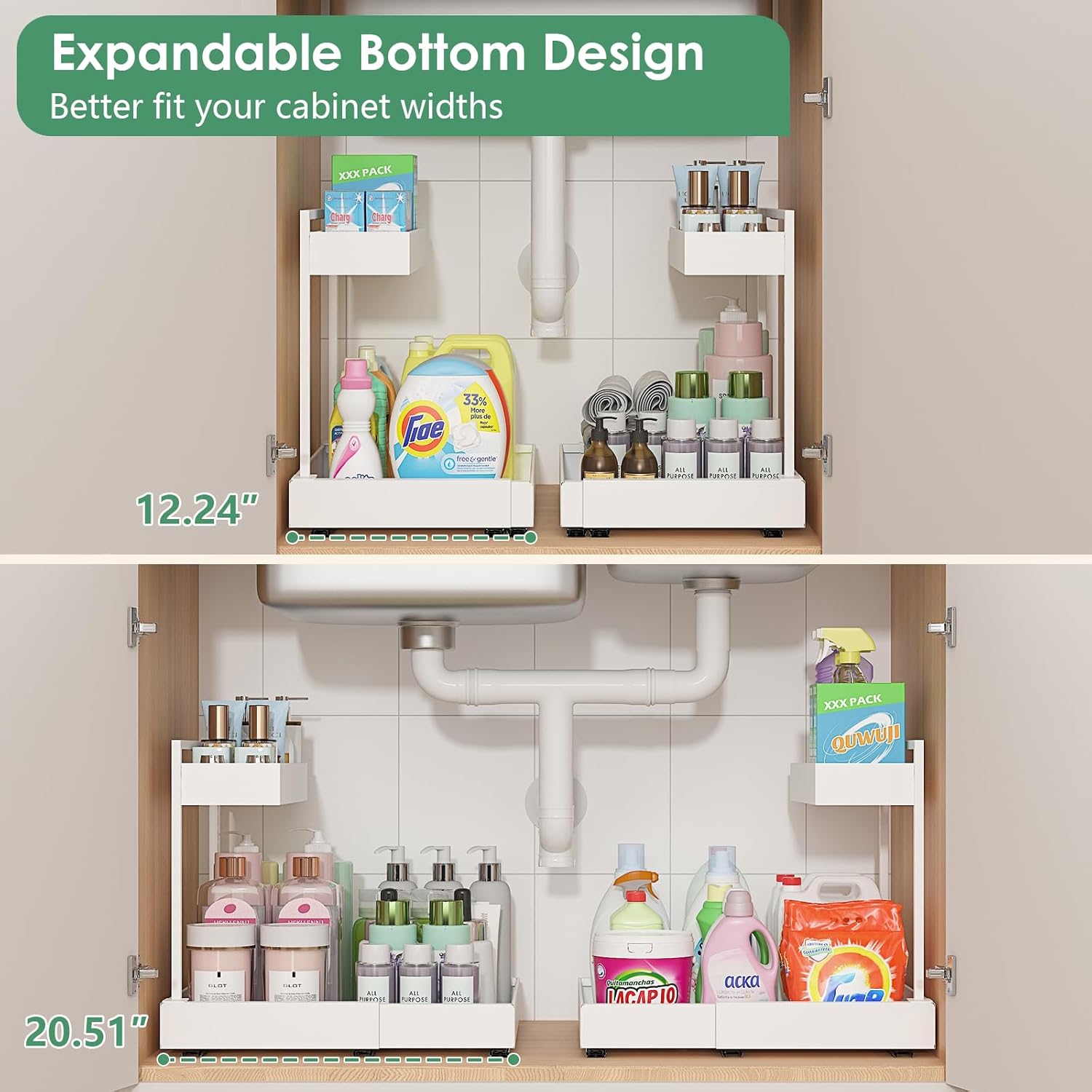 REALINN Expandable Under Sink Organizers and Storage, 2 Tier Under Cabinet Organizer, Heights Adjustable Pull Out Rack for Kitchen Bathroom Laundry, White, 2 Pack - Image 2