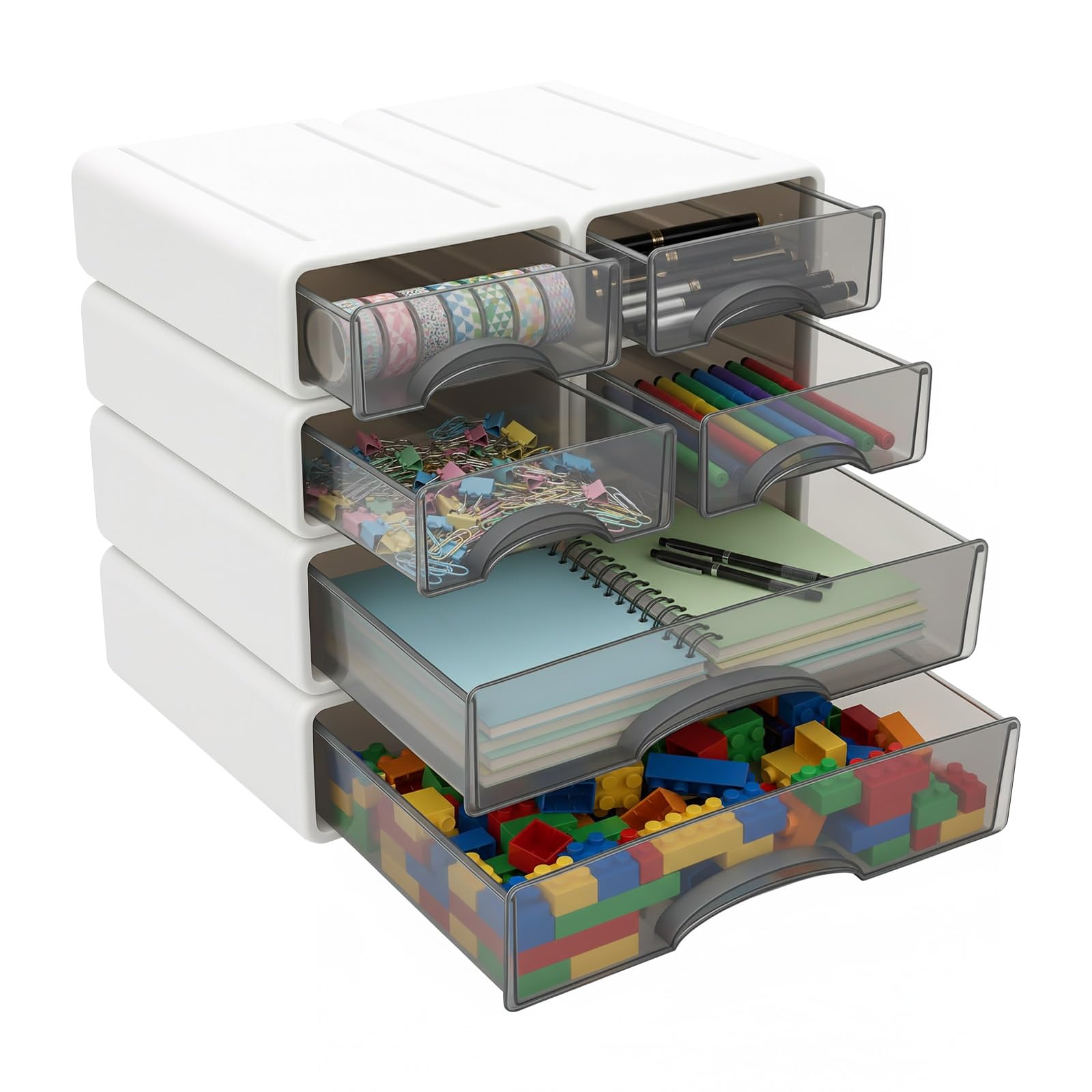 Organizer da scrivania, contenitore da ufficio con 6 cassetti, 2 grandi + 4 piccoli oggetti da scrivania, impilabile, 34 x 25 x 33 cm, bianco