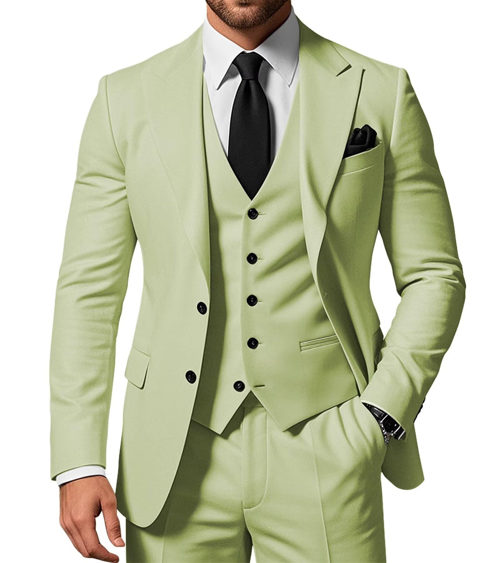 SPTALLFITJSV Men's 3 Piece Suits Slim Fit Peak Lapel 2 Button Blazer Jacket Vest Pants Set Wedding Business Prom Party Suit