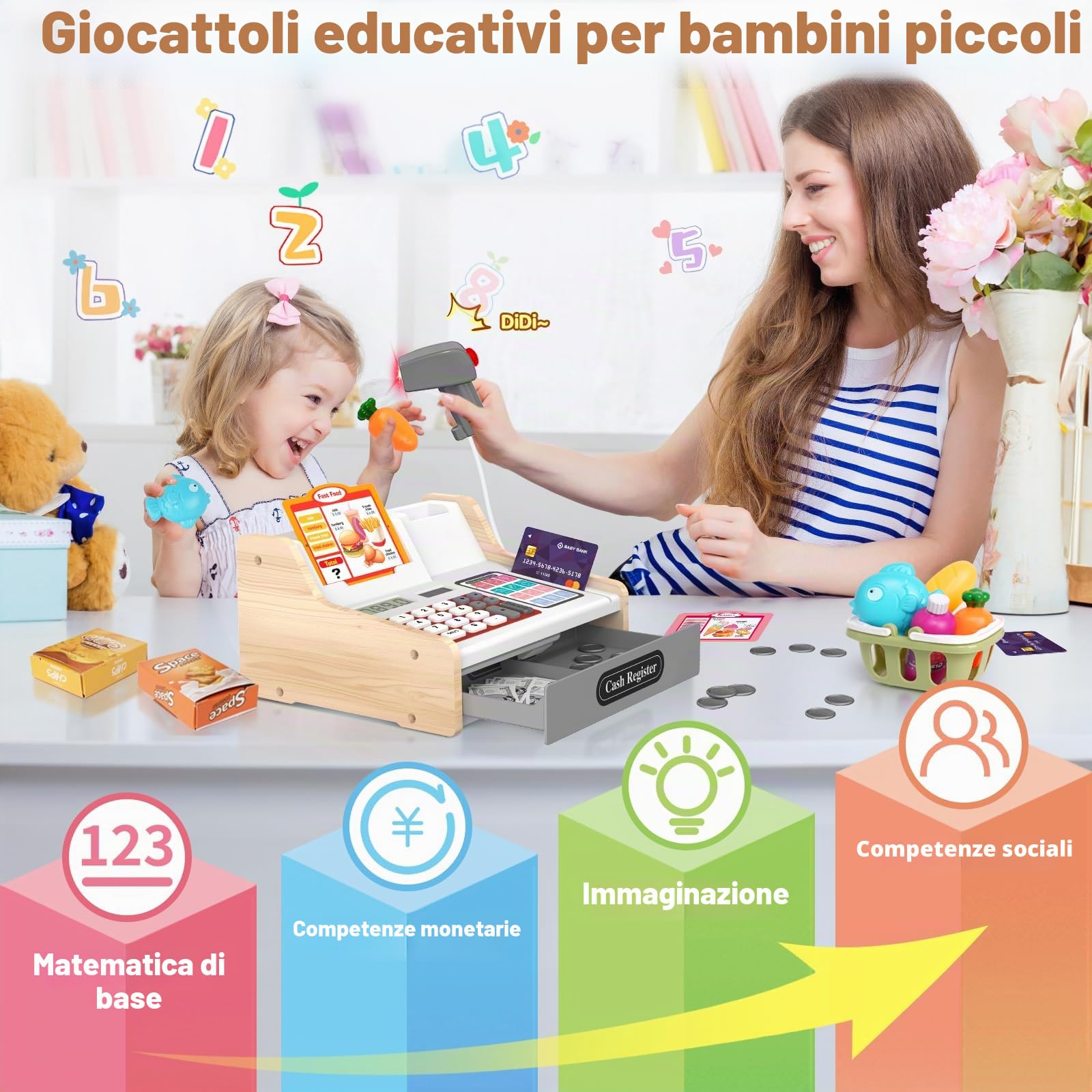 2025 Registratore di Cassa Giocattolo in Legno con Calcolatrice Scanner Giochi per Bambini 3+ Anni, Giocattoli Negozi di Giochi Finti Regali Educativi per Ragazze Ragazzi 3 4 5 6 7Anni, Bianco&Grigio