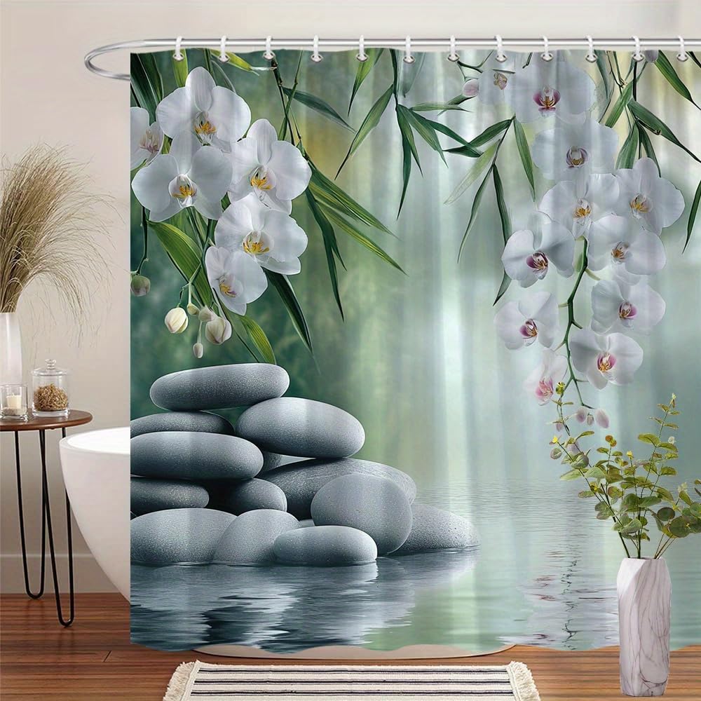 GLWDMB 1 Piece 90x180CM Zen-Themed Orchids and Pebbles Printed Shower Curtain With Hook, Polyester, for Windows And Walls, Bathtub, Bathroom, Machine Washable, All Season Universal