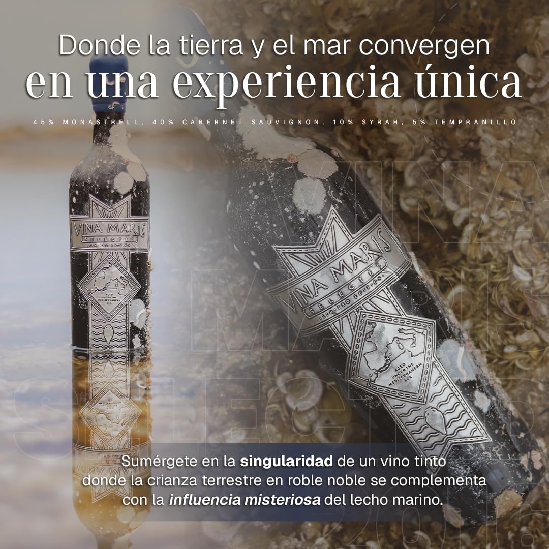 Vina Maris 2017 | Vino Tinto Crianza Submarina | Crianza Bajo el Mar Mediterráneo | Edición Limitada | Vino Gourmet Premium | Roble Francés | 75cl | Estuche de Regalo