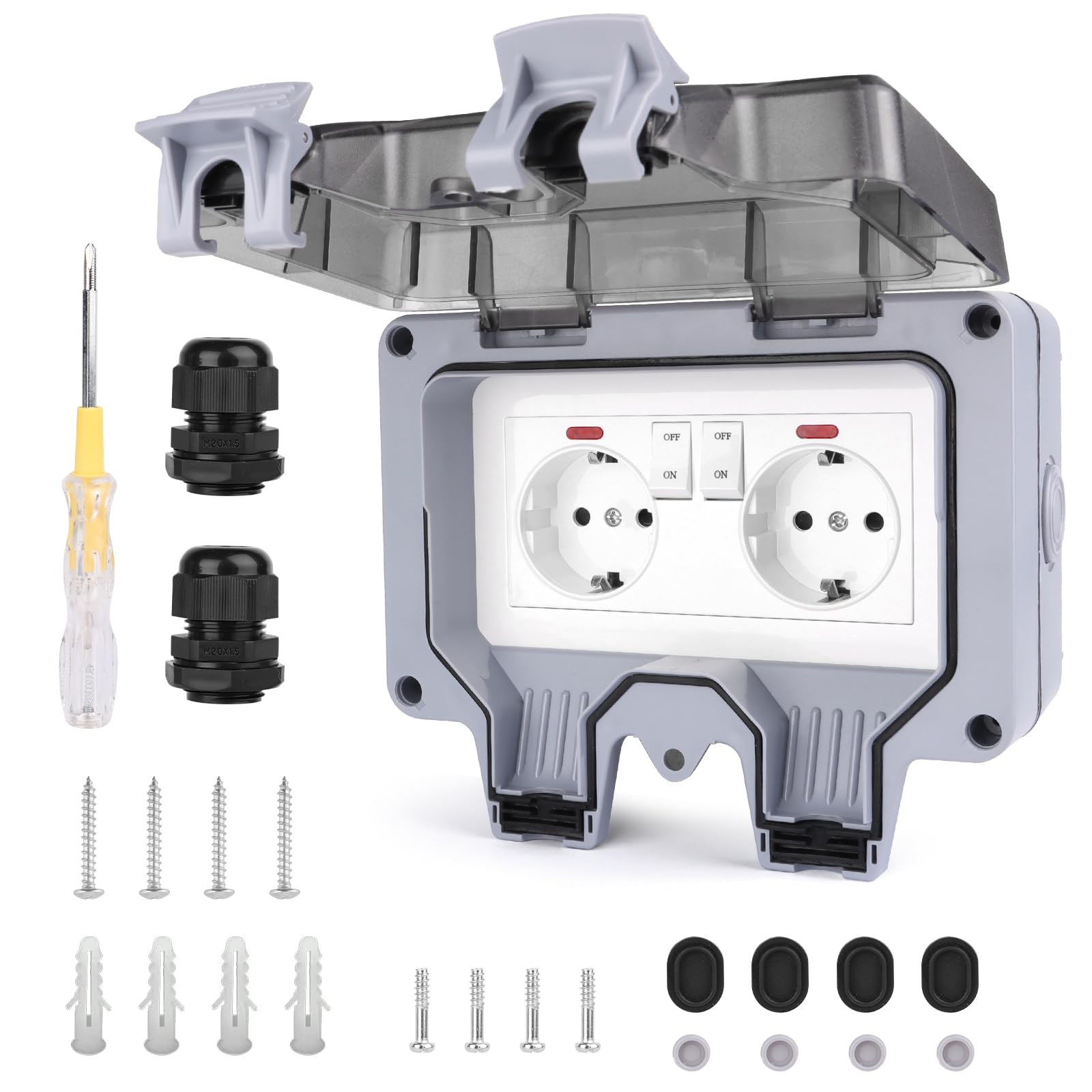 Opbouwstopcontact met schakelaar, IP66, waterdicht buitenstopcontact, opbouw, voor vochtige ruimtes, opbouw, met slot, 2-gaats buitenstopcontact met schakelaar, voor outdoor, garage, tuin, vochtige