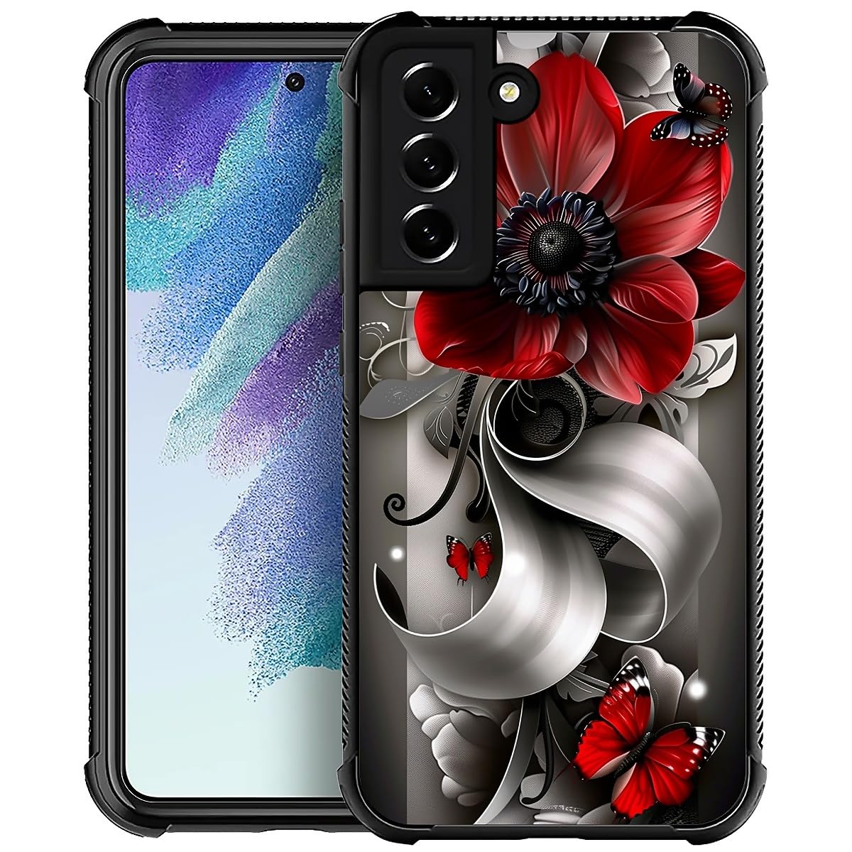 CARLOCA for Samsung Galaxy S22 Case, Red Anemone Flower Gray Silver Black Curves Butterfly Fashion Pattern Design for Girl Shockproof Anti-Scratch