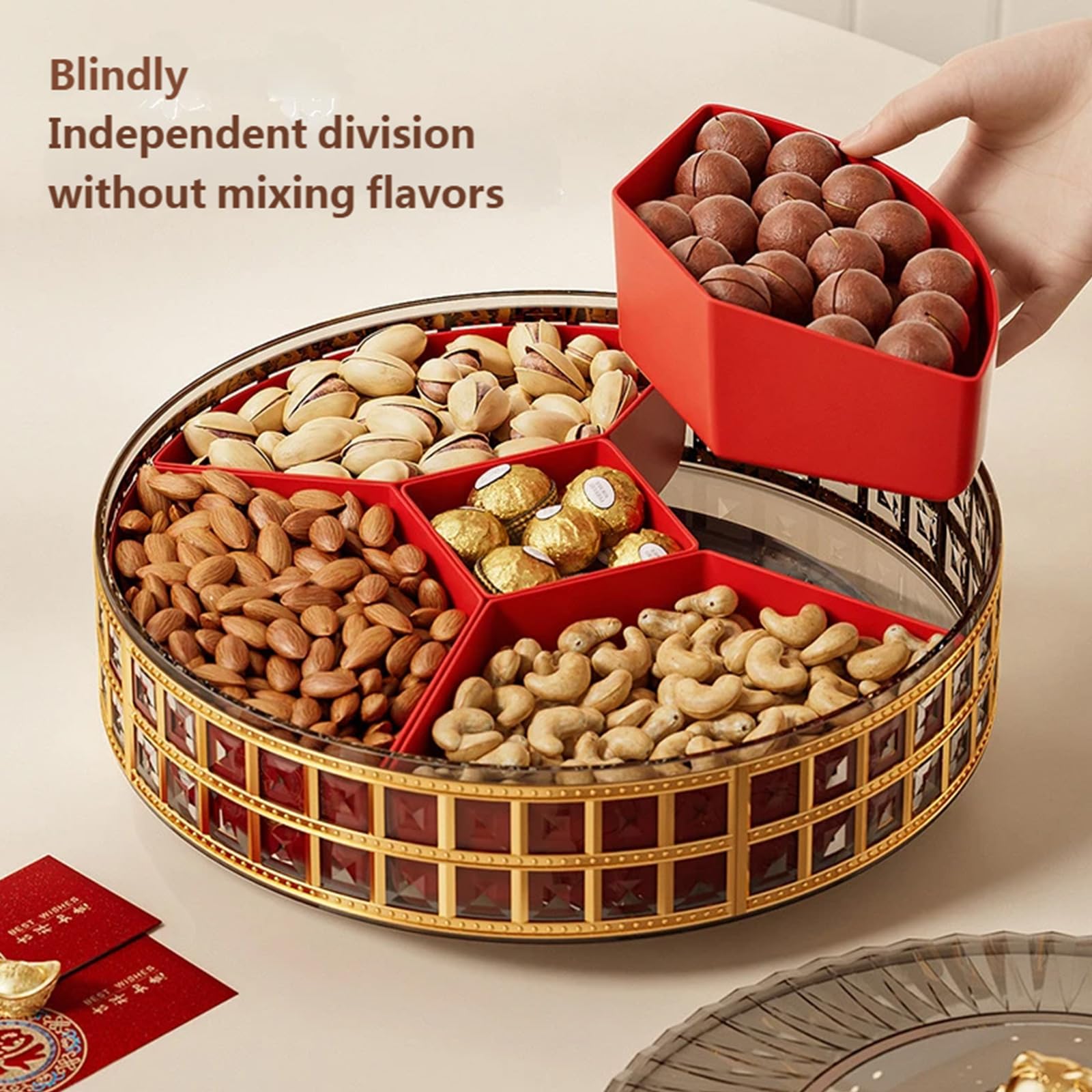 PANGBOER Bandeja giratoria para servir frutas y aperitivos diseñada para un fácil acceso a frutas secas, nueces y dulces durante las reuniones familiares