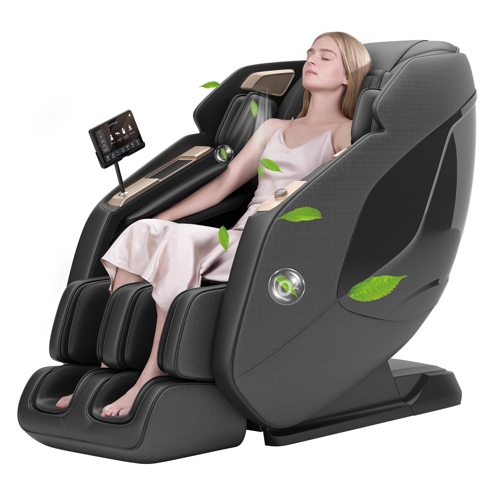 Real Relax 4D-Massagesessel,Ganzkörper-Shiatsu-Massage-Stuhl,Massageliege mit SL-Track,Yoga-Stretching,UI-Touchscreen,Fußrollen,Heizung,PS5200,Schwarz