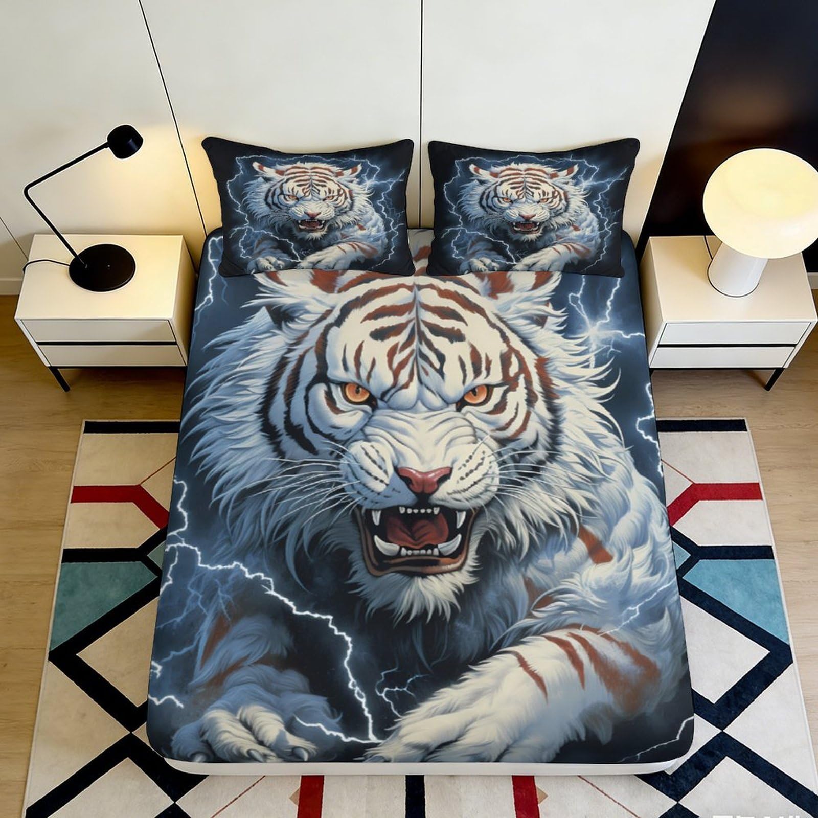 Pnayamiorkfel Style-5 3D Printed White Tiger Lightning Fitted Sheet Microfiber Anti-Slip Mattress Cover For Bedroom Guest Room Decor 90X200x25cm