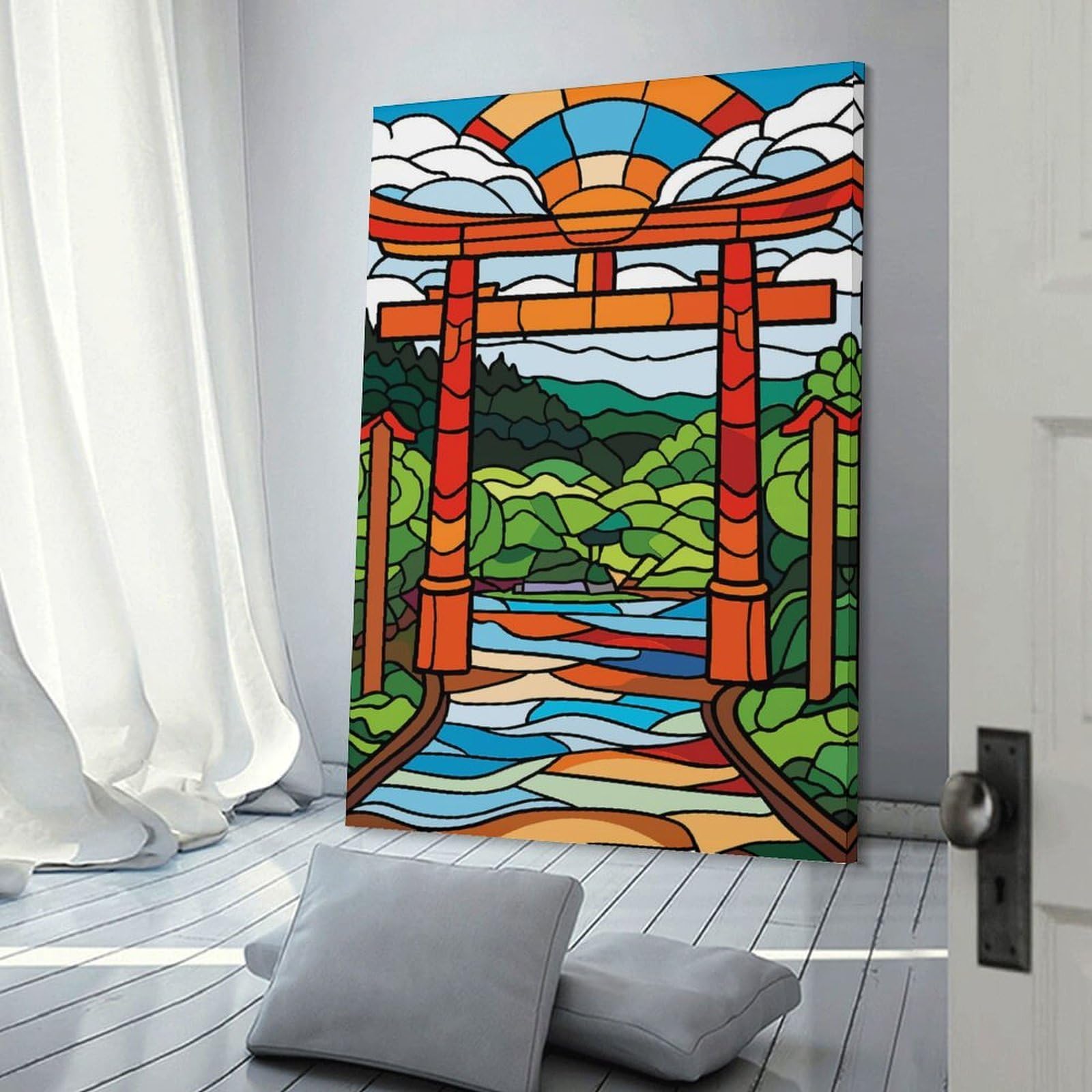 Junmoney Decorative Wall Artwork Stained Glass Torii Gate Landscape, 08x12inch(20x30cm), for Lounge, Bedroom Or Personal Spaces, Gift Idea for Housewarming And Birthdays