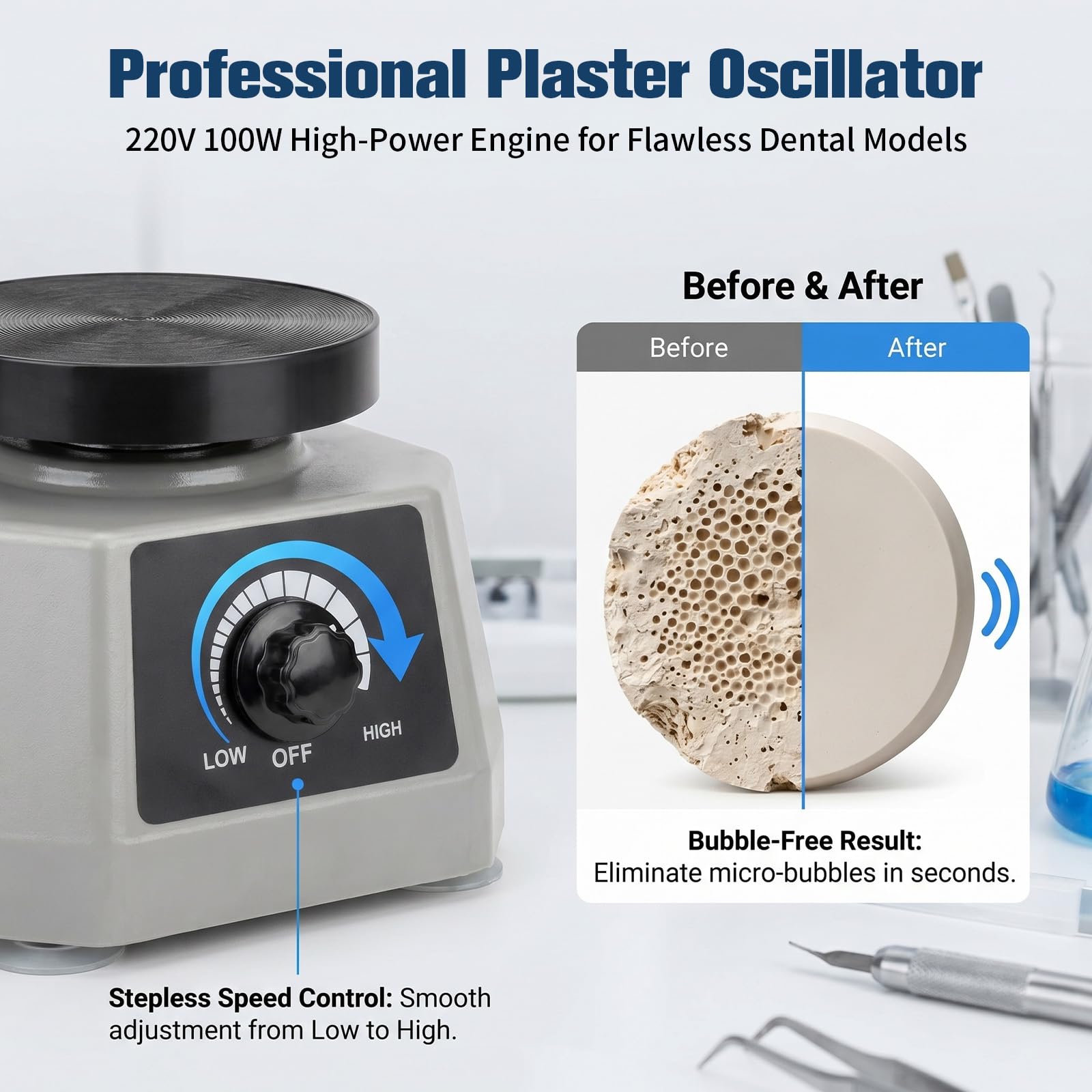 Rüttelplatte Gips - 220V 100W Gipsrüttler Rüttelplatte Elektrisch, 4'' Dental Oszillator Gips, Dentalrüttler für das Mischen von Gips, das Gießen von Modellen
