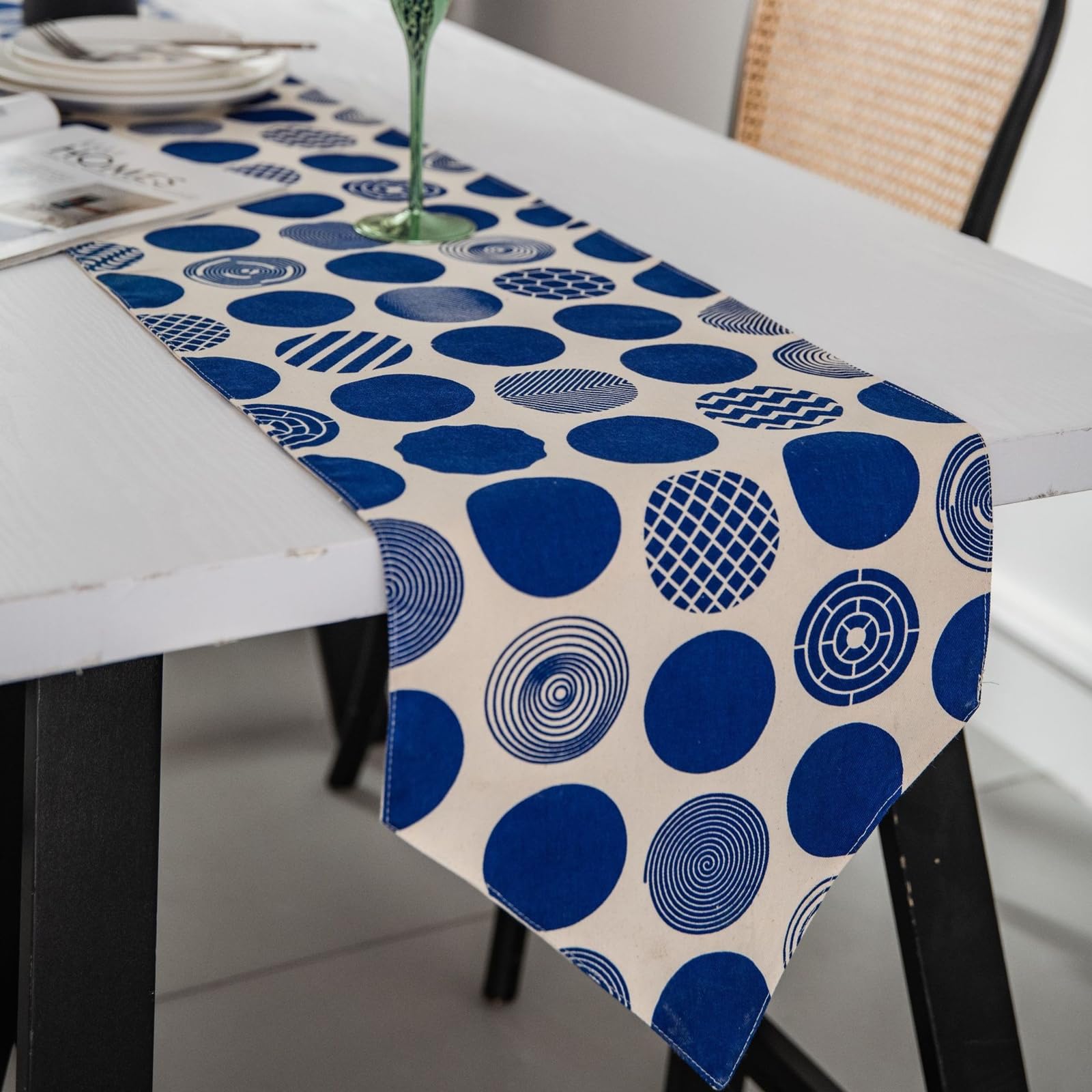 Runner da Tavolo Cotone Poliestere 30x220 cm, Runner da Tavola Moderno Lavabile Motivo Geometrico A Pois Esterno Interni Decorazioni per Tavolino da Compleanni Matrimoni, Beige Blu