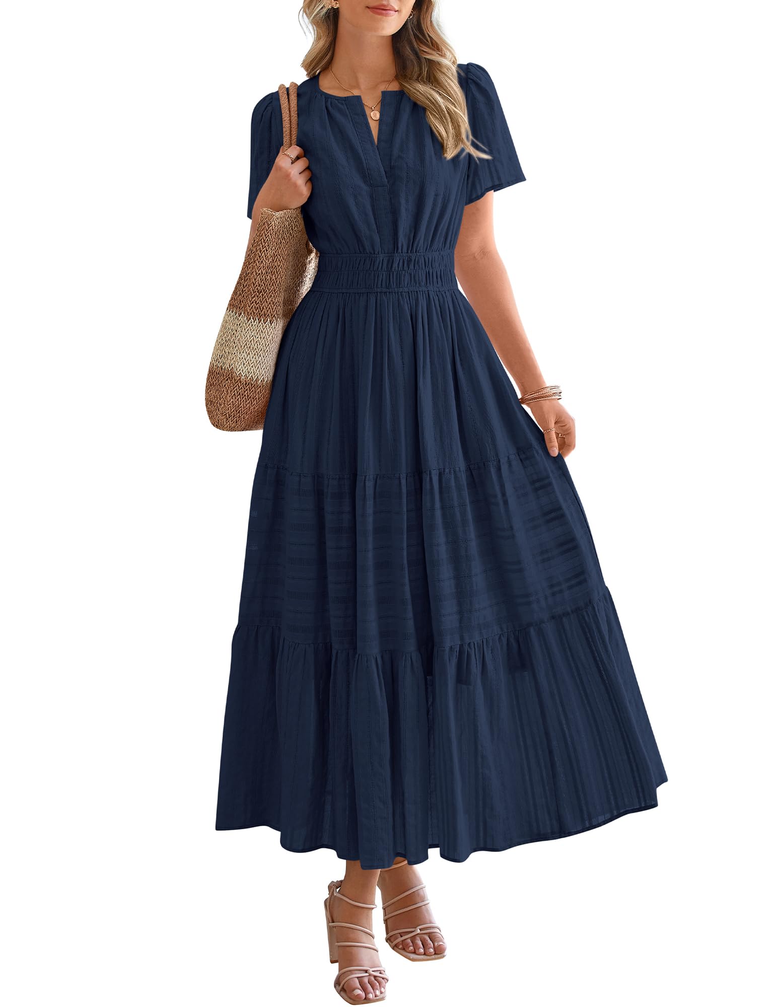 BTFBM Womens Summer 2026 Casual Midi Maxi Dresses Lightweight Short Sleeve V Neck Elastic Waist Boho Beach Dress Pockets
