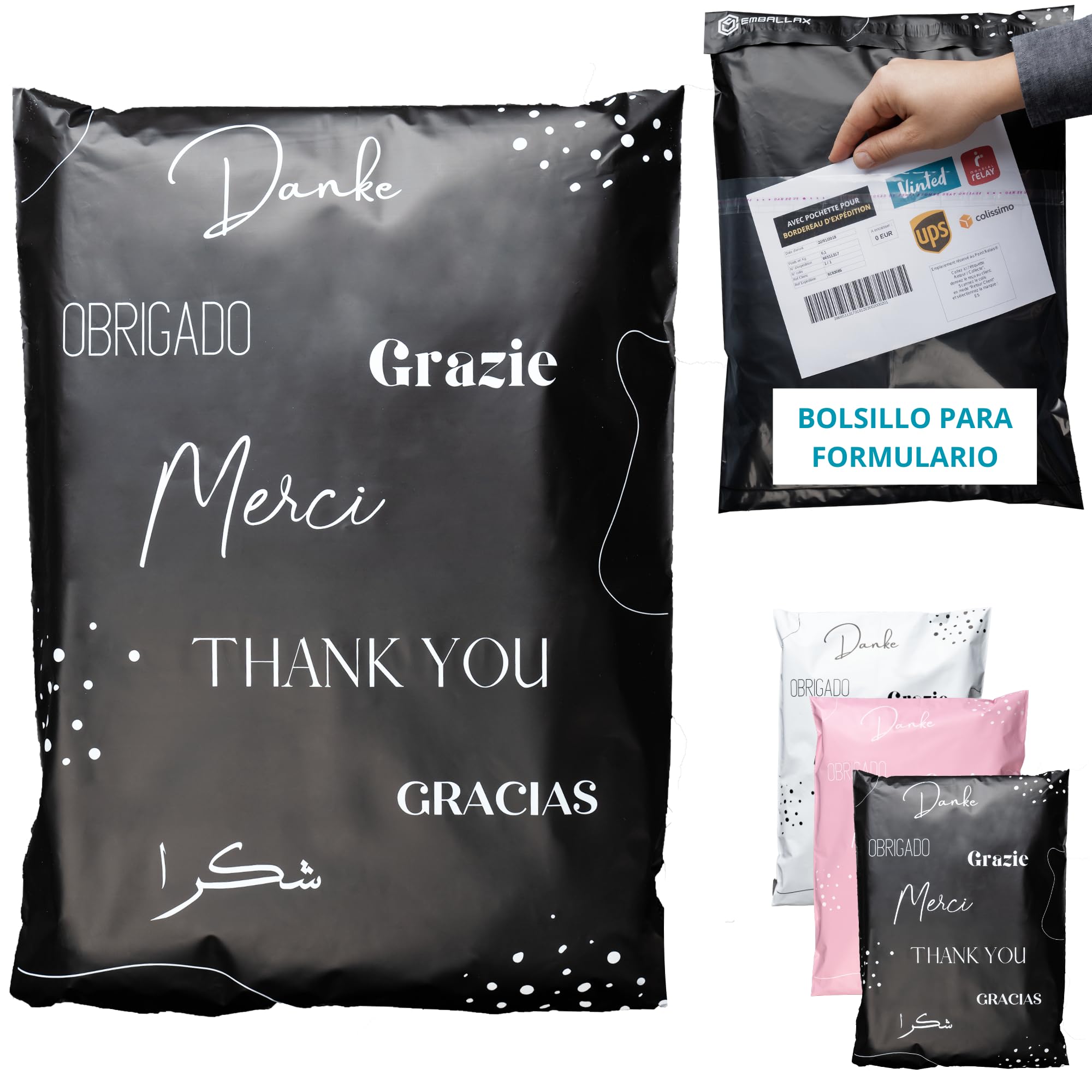 50 Bolsas Envio con bolsa portadocumentos - Tamaño L 40x30cm - 100% OPACO/ULTRA RESISTENTE/IMPERMEABLE - Sobres Plastico - Bolsas Envios Paquetes de Ropa - Cajas Envios Paquetes - Packaging