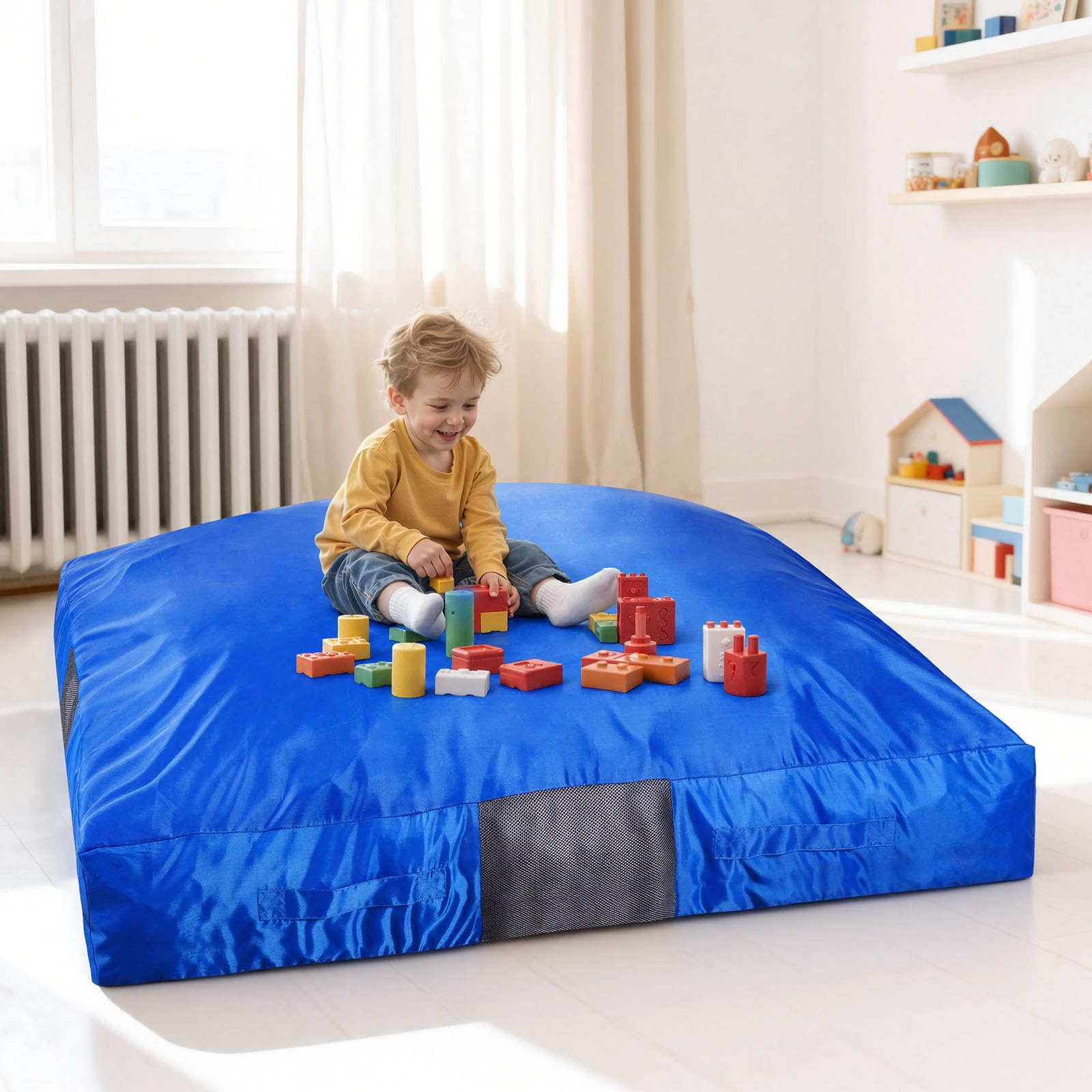 VEVOR Crashpad 150 x 150 cm, Kindermatte mit Schaumstoffblöcken & Waschbarem Bezug, Weiche Schaumstoff-Landezone, Fallschutzmatte, Ausstattung für Sinnesräume zum Springen Entspannen Spielen Blau