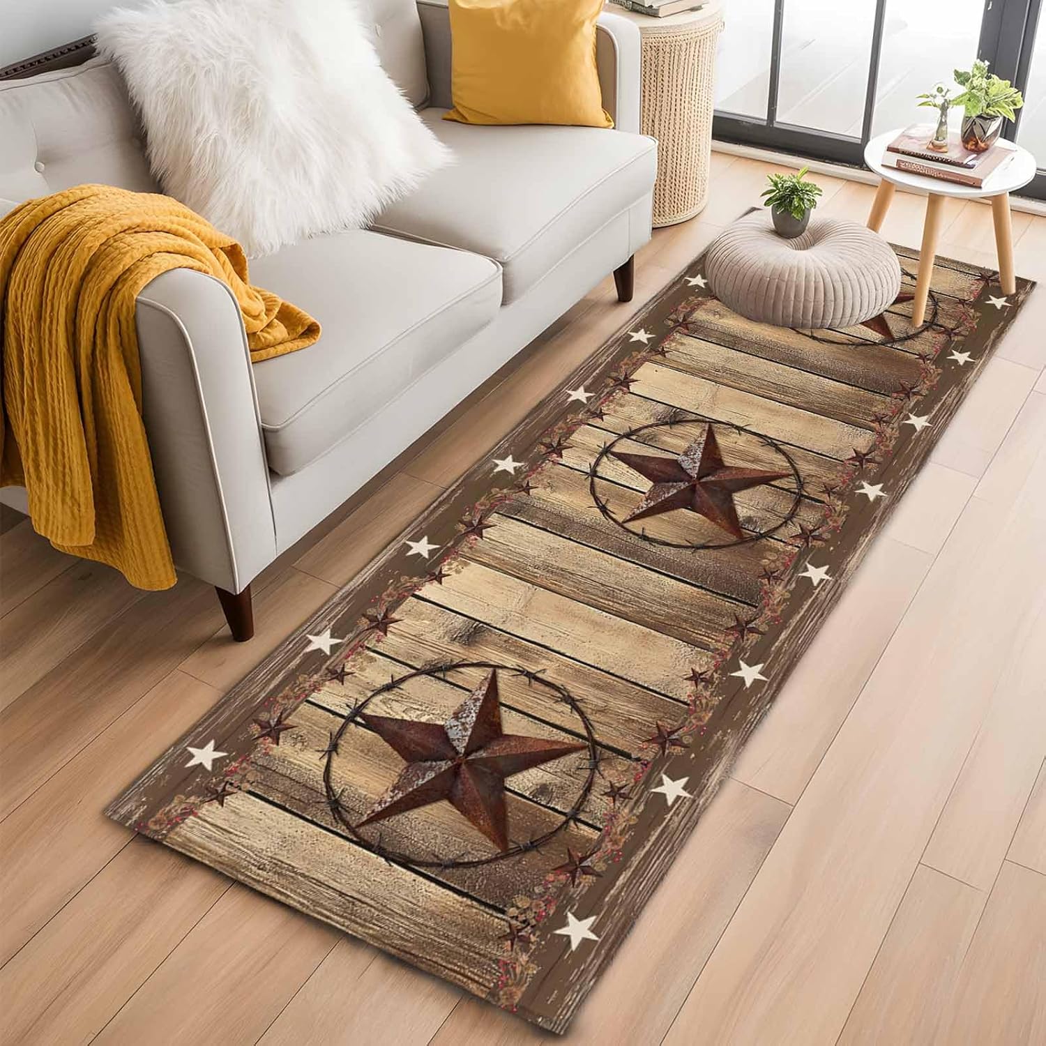 Runner Rug 2 x 6 Ft, Rustic Country Washable Non-Slip Floor Mat for Kitchen Hallway/Entryway, Western Stars Brown Texture Wooden Print Long Kitchen Runner Area Rugs for Living Room, Low-Profile