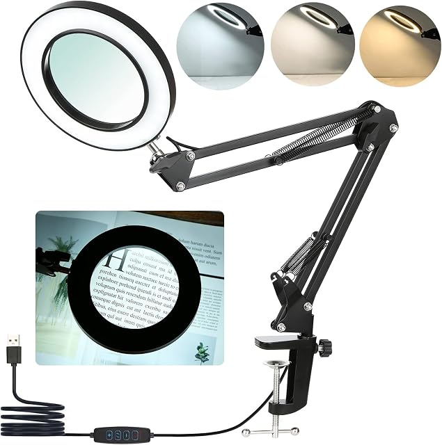 Neoglint Magnifying Lamp with Clamp,8X Magnifier Lamps 3 Colors & 10 Brightness Dimmable Magnifying Glass Led Lamp, 19 Inch Adjustable Swivel Arm Lamp Craft Light