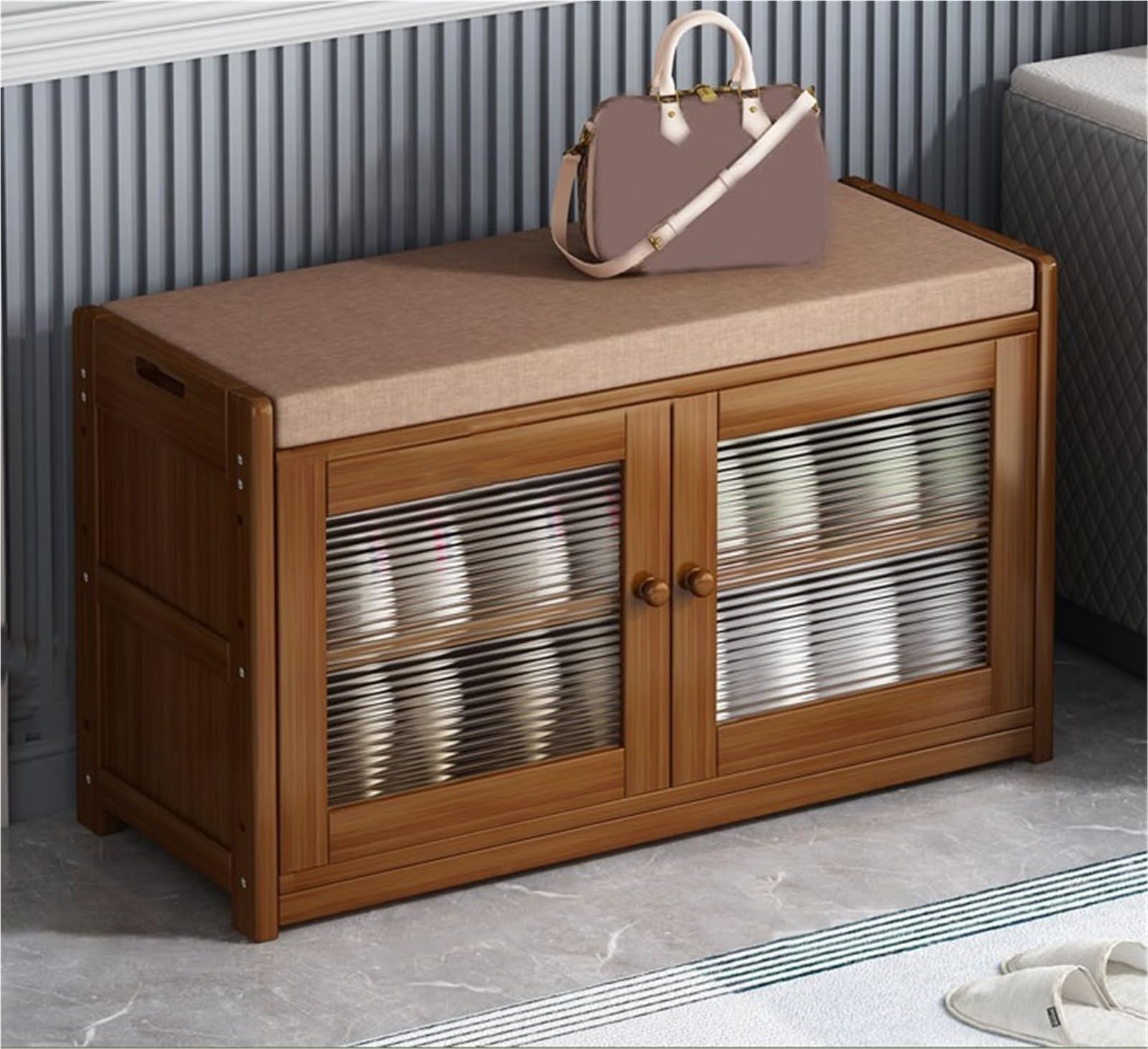 IvyLoutish Entryway Bench Shoe Shelf with Seat Cushion and Acrylic Glass Door Farmhouse Shoe Storage Bench Bamboo Modern Rack for Hallway,Ideal for Home
