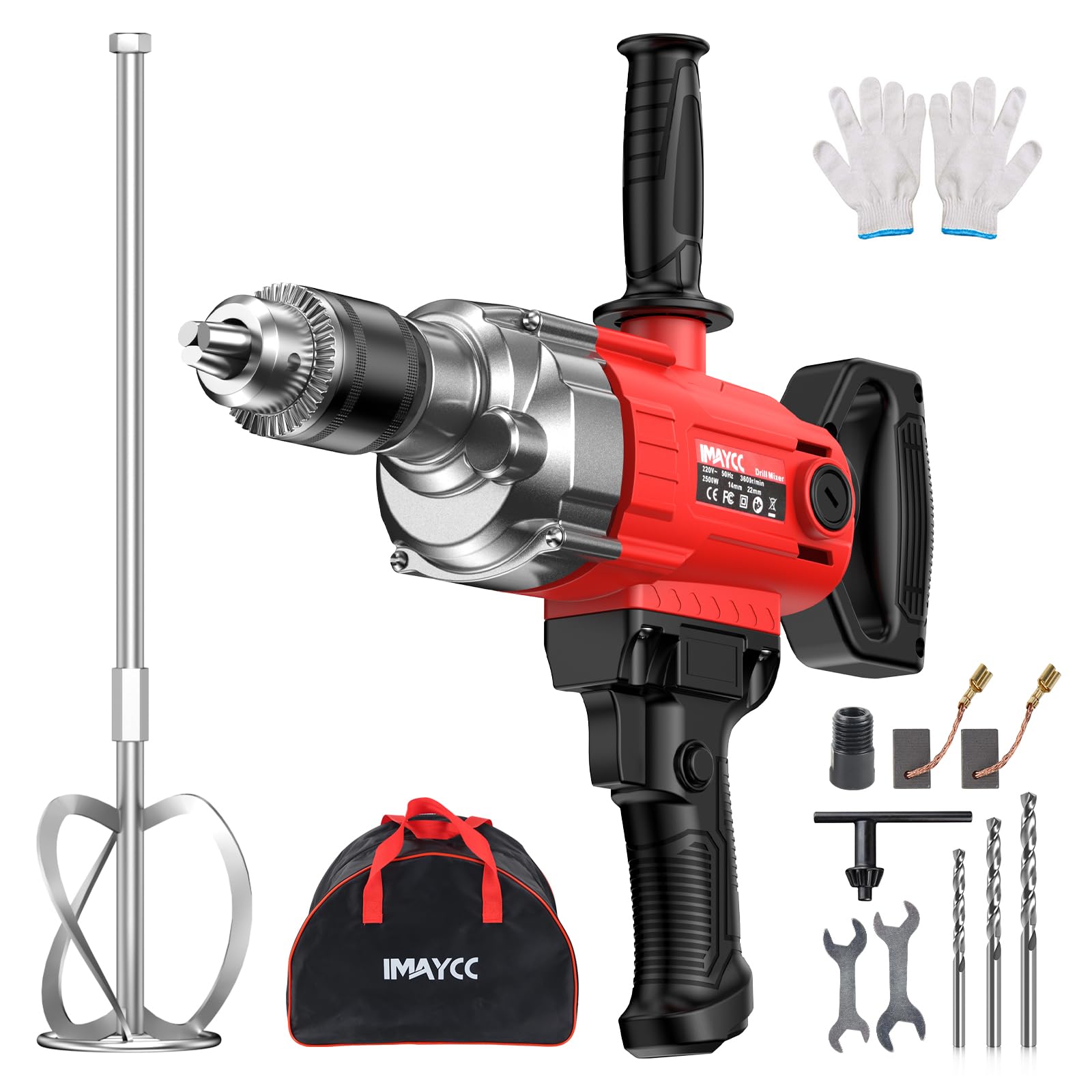 IMAYCC Juego de agitador de perforación 2 en 1, mezclador de hormigón portátil de 2500 W, 15 A, para taladrar y mezclar, velocidad variable, ideal para piensos, yeso, pintura, cemento (rojo-negro)
