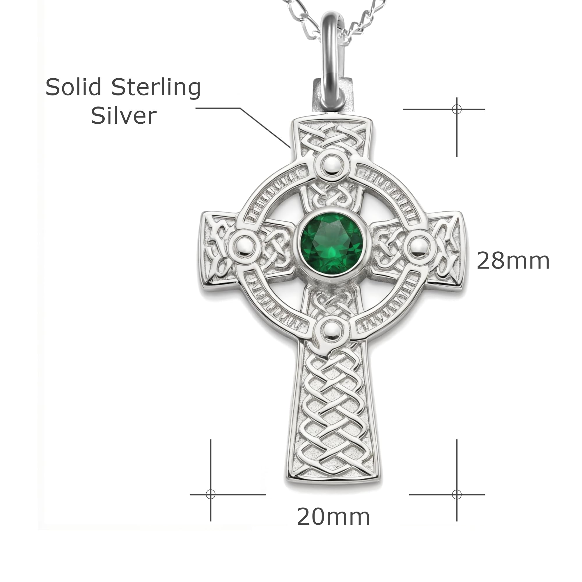 Alexander Castle Solide 925 Sterling Silber & Emerald Grün CZ Keltisches Kreuz Kette für Damen - Kreuz Anhänger mit 18" Silber Kette & Schmuck Geschenk-Box - 32mm x 20mm