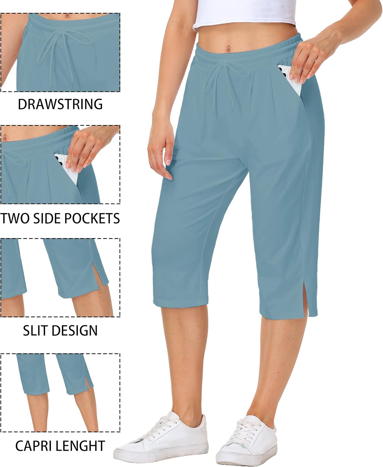 Women Yoga Capri Pants Comfy Drawstring Lounge Sweatpants with Side Pockets - Image 4
