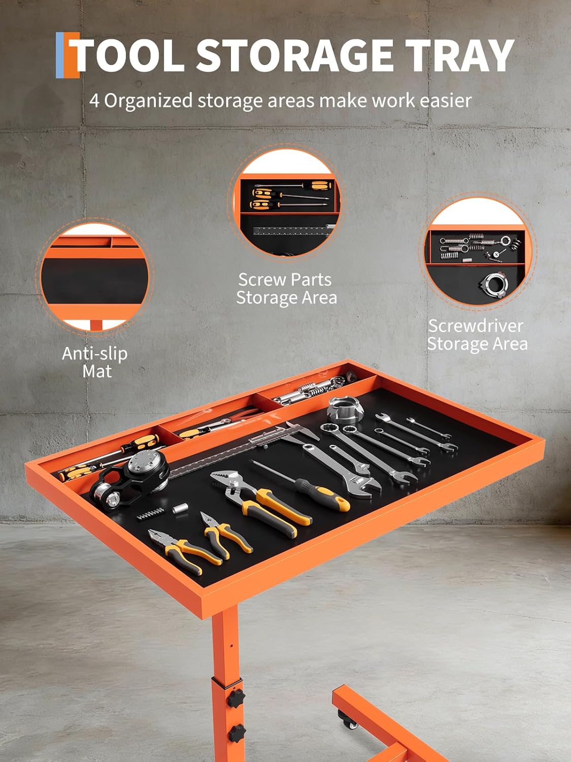 Rolling Tool Tray on Wheels, 220LBS Capacity Steel Mobile Work Table, Adjustable Height 38"-45" Mechanic Works Table for Garage Bike Work Shop (Orange)