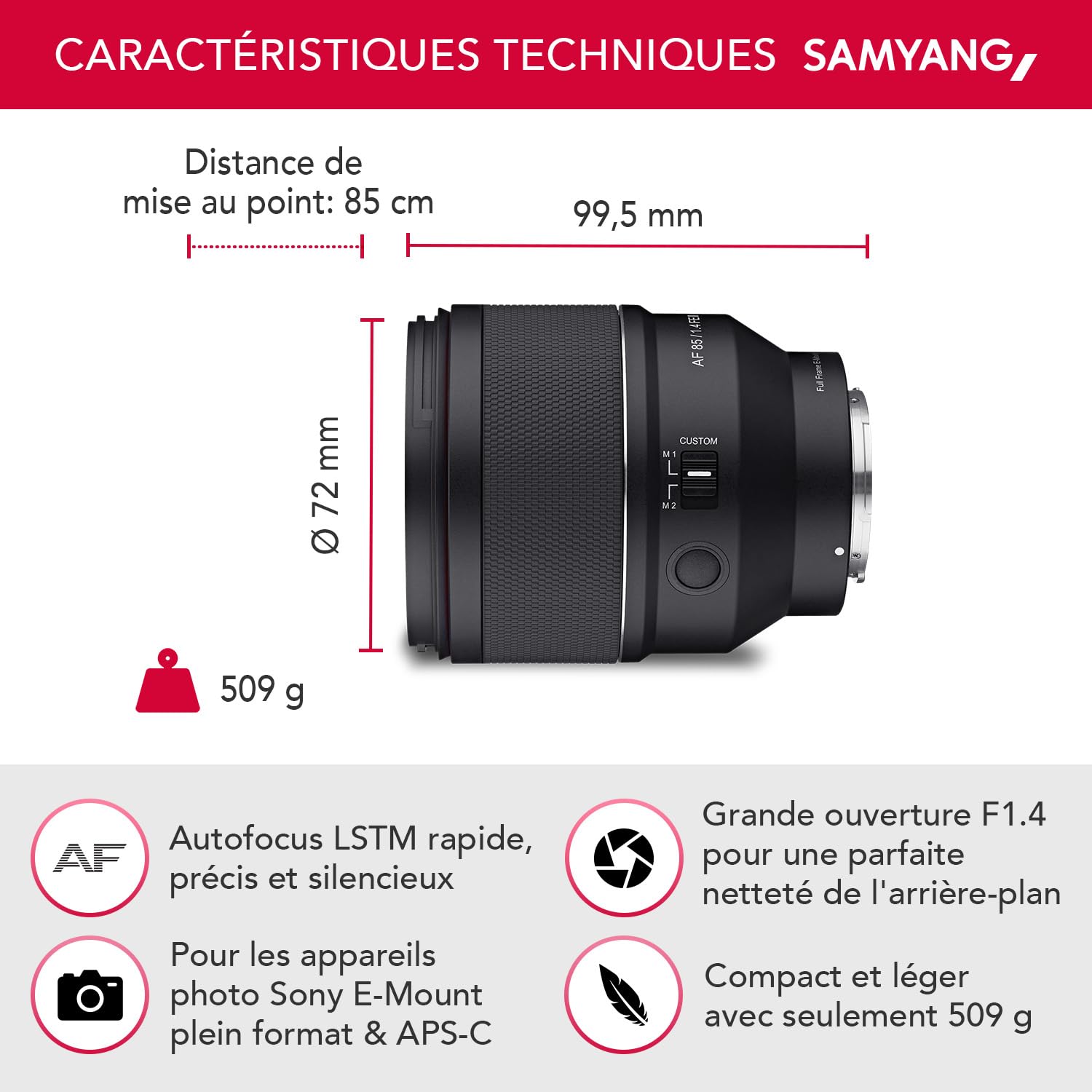 Samyang AF 85 mm F1.4 II FE pour Sony E - Autofocus plein format et objectif portrait APS-C longueur focale fixe pour appareils photo hybrides Sony E Mount boîtier
