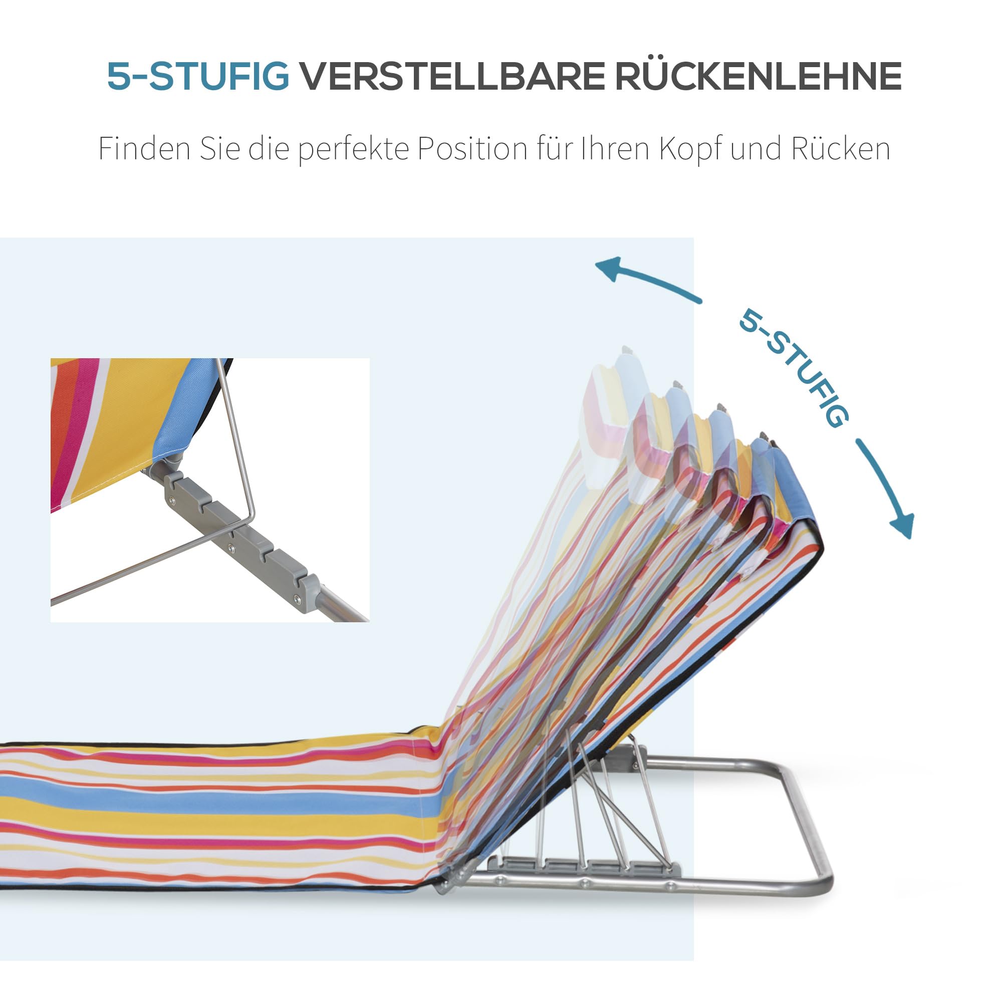 Outsunny Zestaw 2 leżaków do opalania, składane, regulowane oparcie, wielokolorowe | Składany leżak plażowy, poduszka pod głowę, torba do noszenia, lekka mata plażowa, mata przeciwsłoneczna, 124 x 53 cm