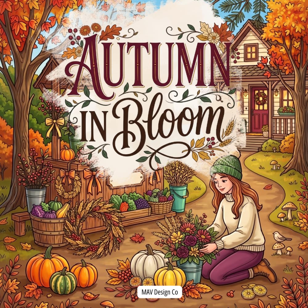 Autumn in Bloom: A Fall Florals and Wreaths Coloring Book of Cozy Cottage Gardens, Seasonal Bouquets, Pumpkins, Leaves, and Harvest Décor