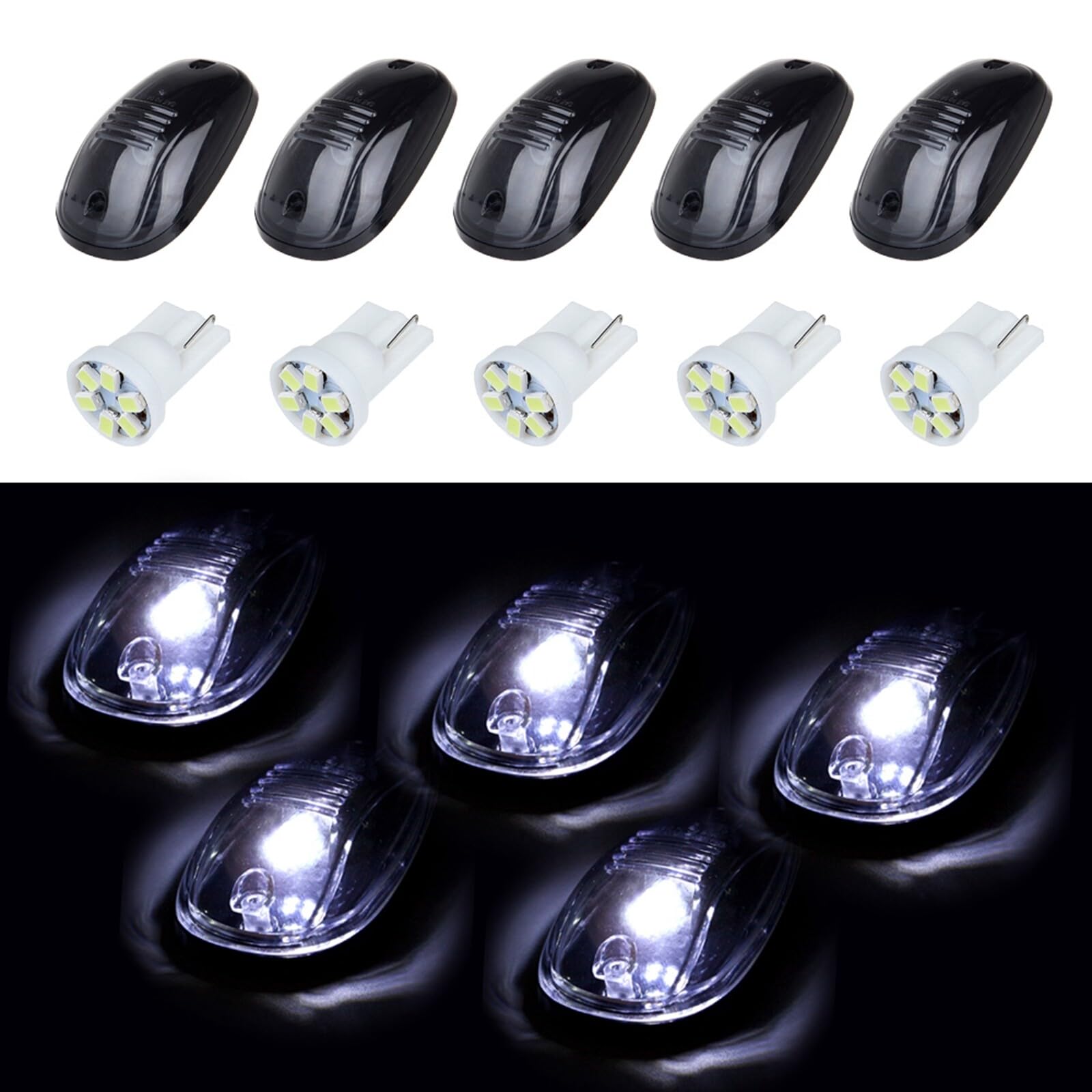 LBRST 5x Smoke Lens LED Cab Roof Marker Light Assembly+T10-6-3020-SMD White LED Bulbs LED Cab Clearance Lights Fit For For Dodge Ram 1500 2003-2010 For Dodge Ram 2500 2003-2010 Trucks
