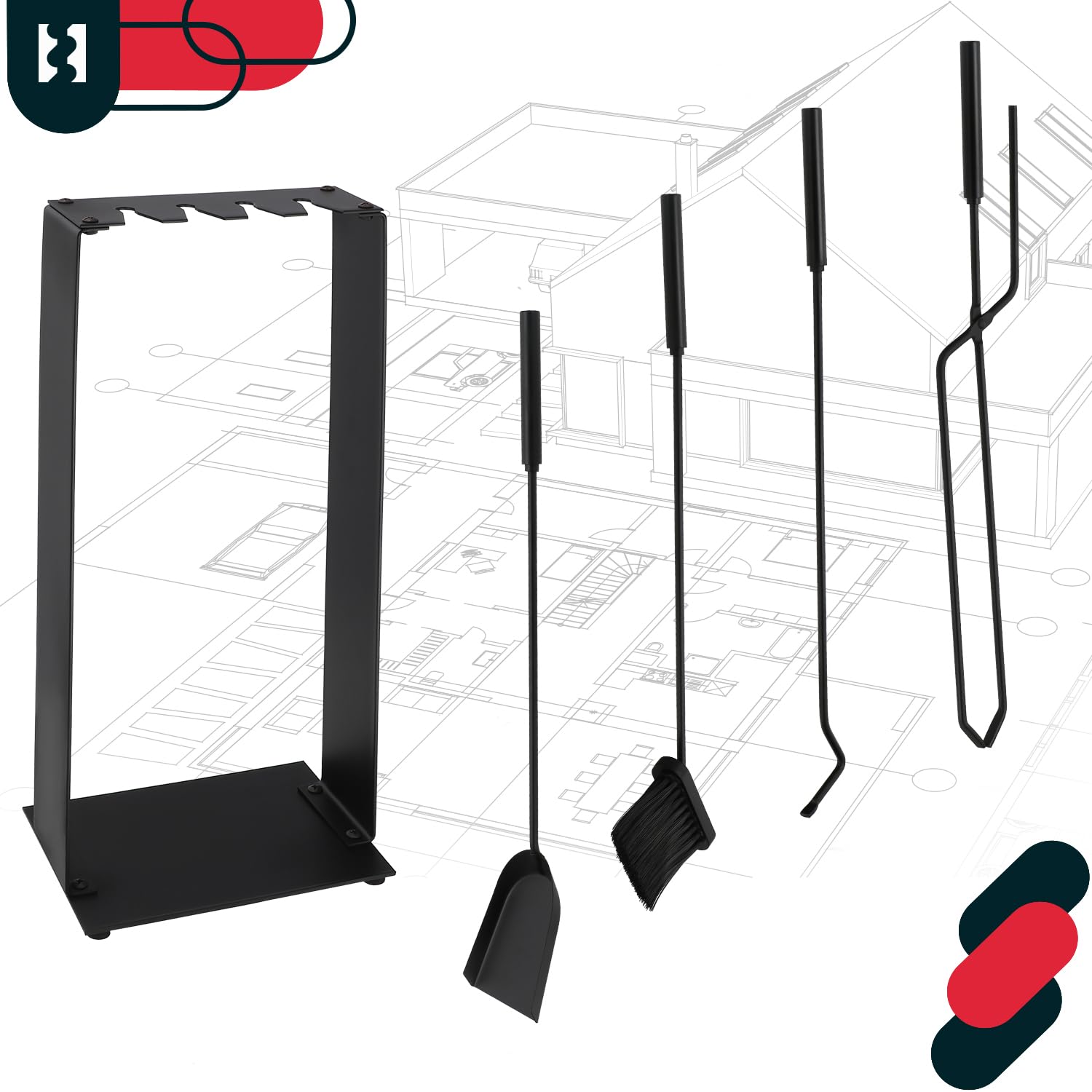 KOTARBAU® Juego de herramientas para chimenea de acero, Set de 5 piezas: escoba, pala, pinzas y atizador de ceniza con soporte de pie, Herramientas para chimenea, estufa, Negro