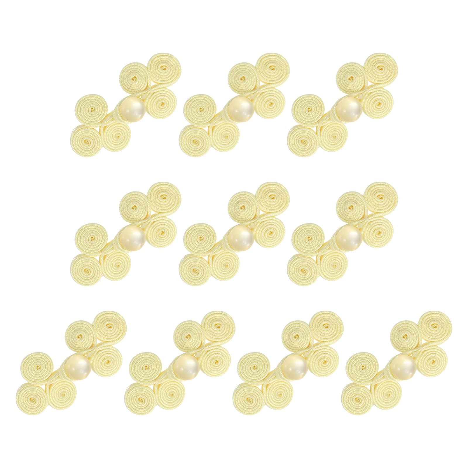 sourcing map 10 Pcs Chinese Knots Frog Buttons Closure Handmade Three-Wheel Shape Sewing Buttons Light Yellow Buckle with Jade for Cheongsam Dresses Shirts Sweater Cloak Coat, 0.98" × 2.17"