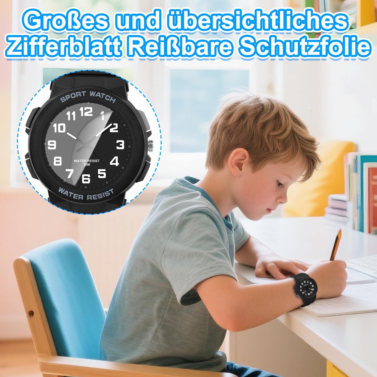 Orologio Bambino per Ragazzi Ragazze,Orologio Analogico Bambini al Quarzo Impermeabile 50M con Luce per Bambino Junior da 4 a 16 Anni (Nero)