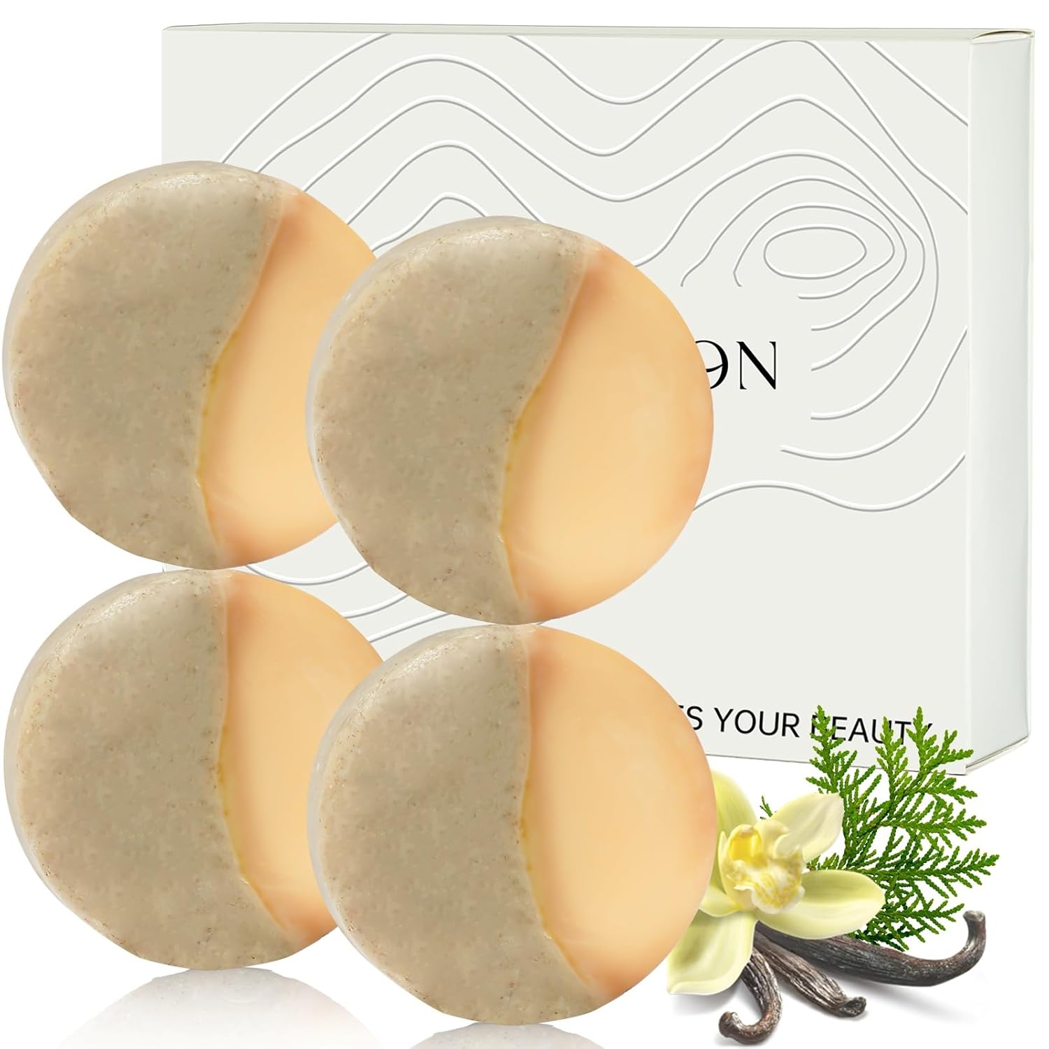 Umpeimvon 4 Sabonetes em barra de baunilha, sabonete artesanal 2 em 1 com folhas orientais de manteiga de karité platycladus para corpo e cabelo oleosos normais, esfoliante e…