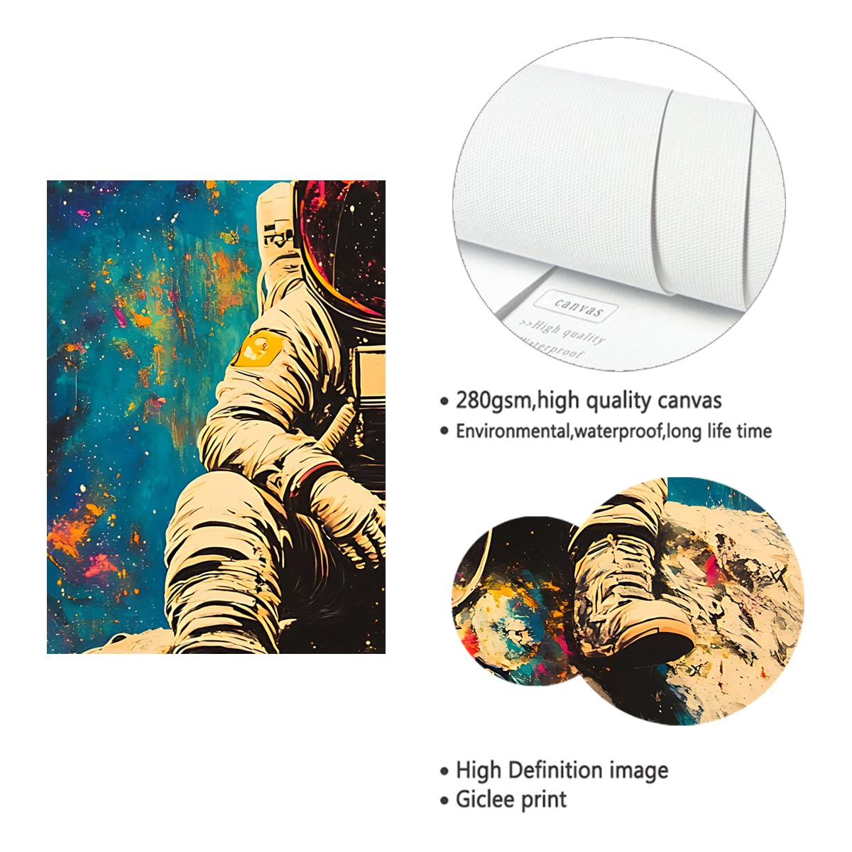 Via Vela Pop Art moderne Toile d’astronaute Art mural Affiche murale cosmique Peinture Poster Rétro Science-Fi Illustration artistique pour décor de studio créatif 60x60cm