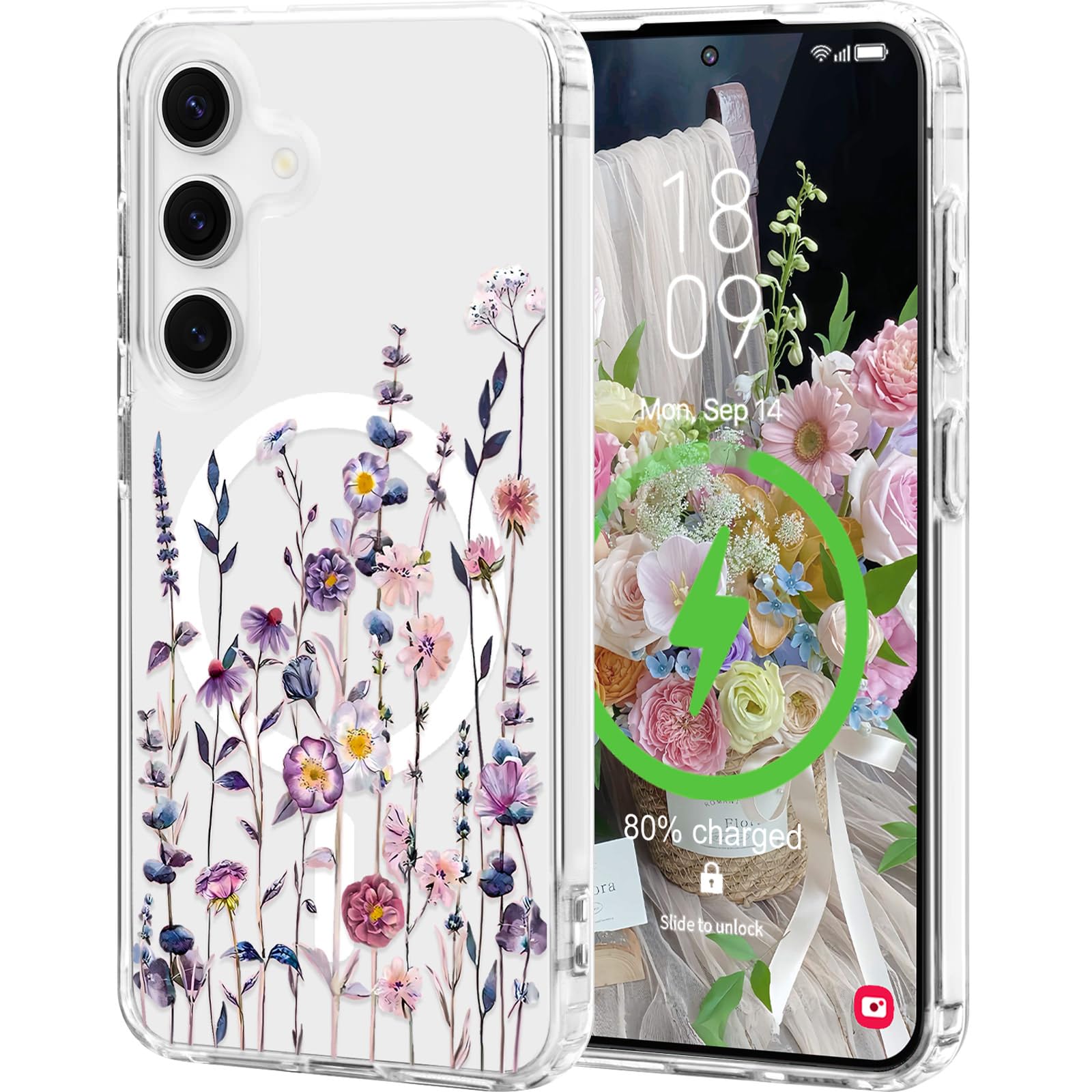 L-FADNUT Magnetisch Handyhülle für Samsung Galaxy S24 FE Hülle Kompatibel mit MagSafe, Transparent Blumen Muster Schutzhülle Hart PC Rückseite Dünne Stoßfest Case für Samsung S24 FE, Bunt