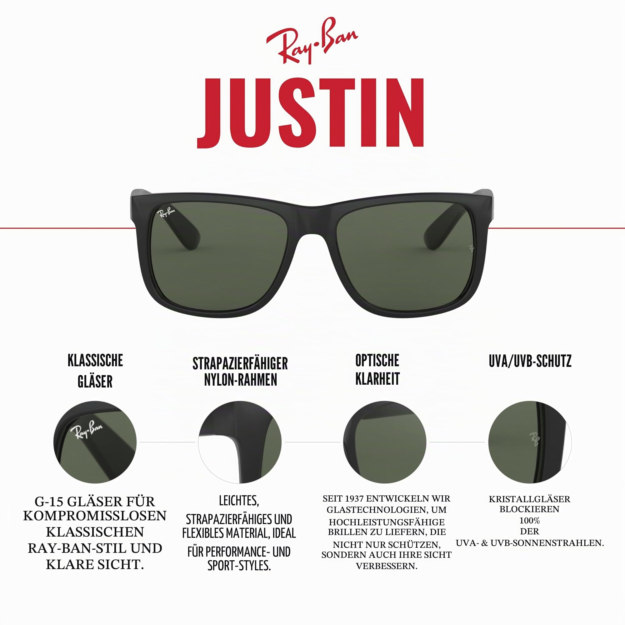 Ray-Ban RB4165 Justin Classic Square Sonnenbrille für Herren für Damen, Havana, Small