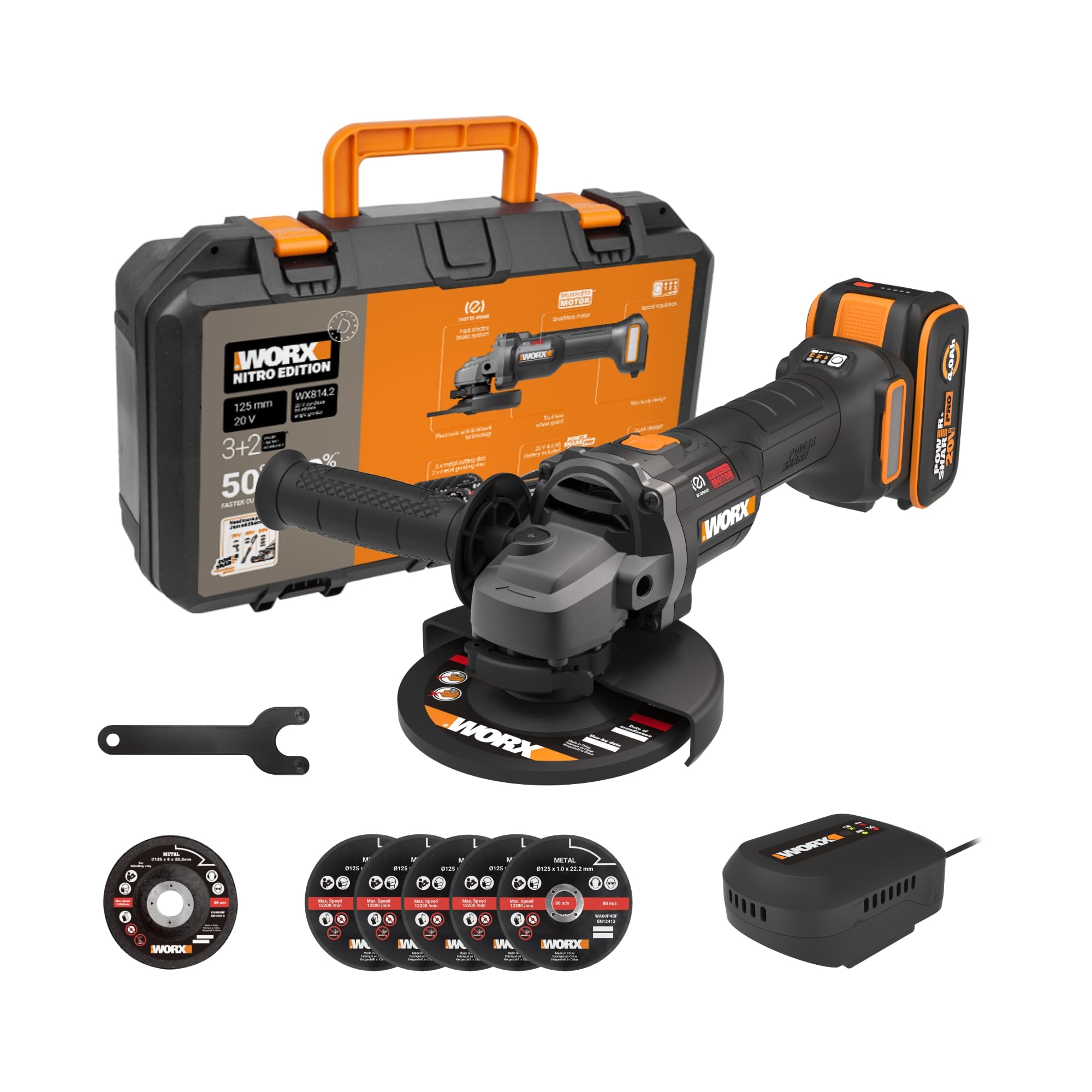 WORX WX814.2 Smerigliatrice angolare a batteria 20 V, disco da 125 mm, con dischi aggiuntivi inclusi