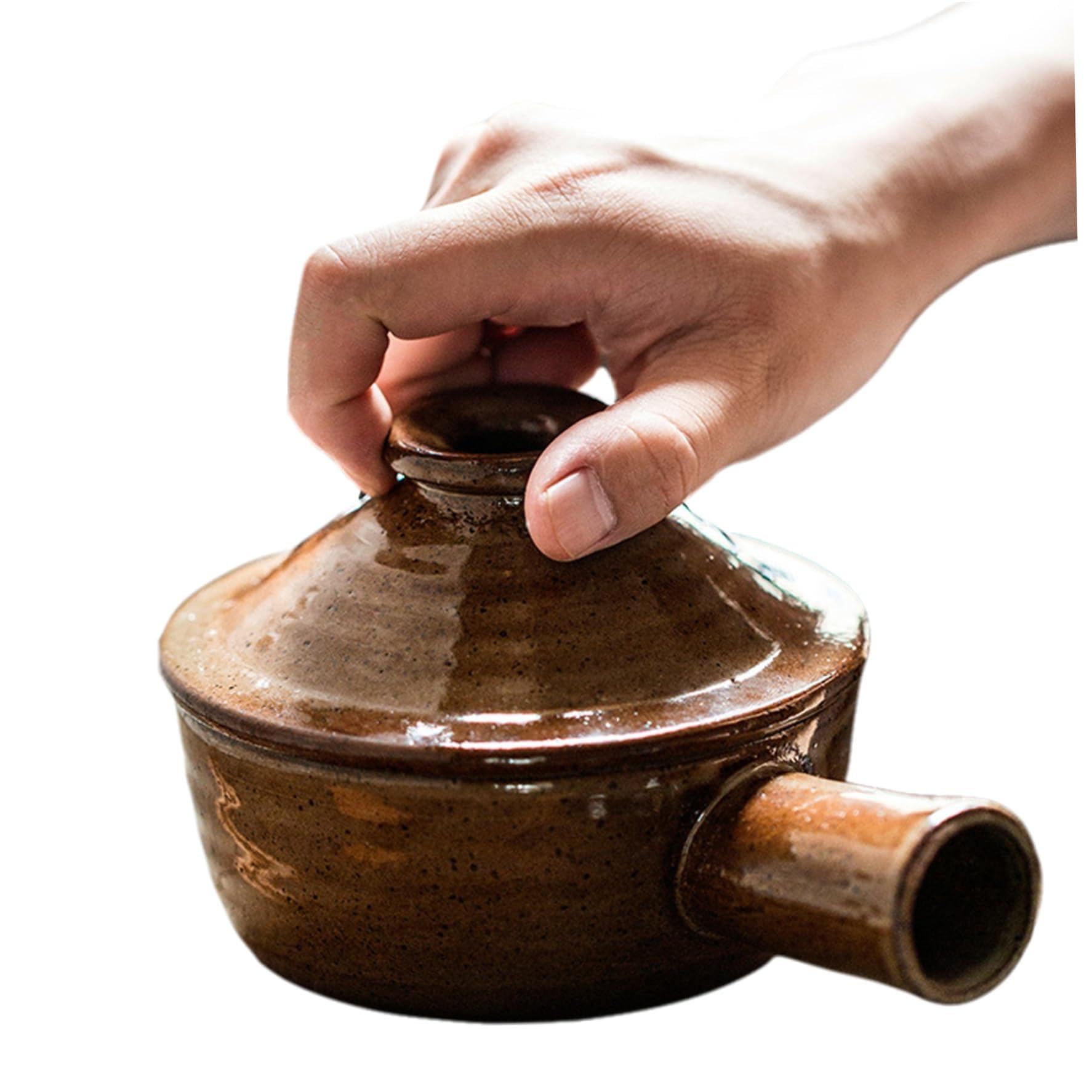 StaZamor Microwave Cooker 300ml Crude Pottery 2x5 Inch Microwave Pot with Lid & Handle Rustic Dishwasher Safe Stoneware for Single Person
