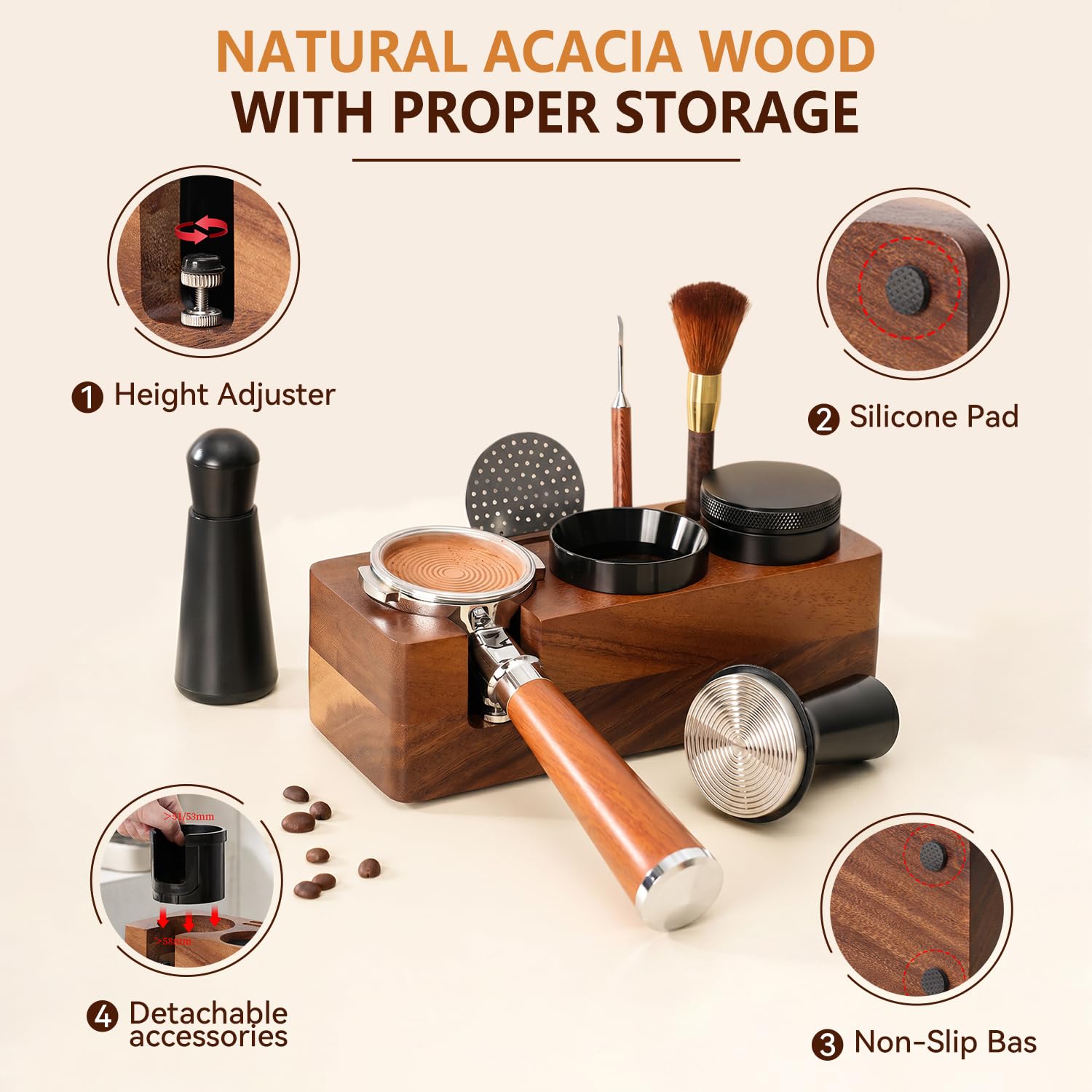 Juego de prensos, con estación de prensado, universal, para barista, cafetera, barista, accesorios, juego de prensador, soporte para tamping, tamper, cafe, nivelador, WDT, herramienta de 54 mm