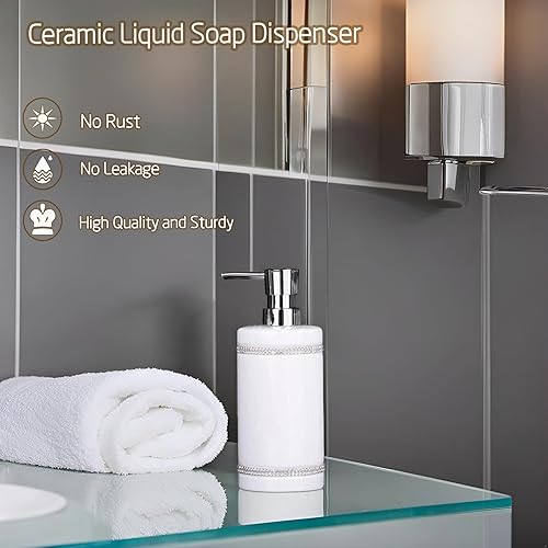 Miniatura 3 de Botella dispensadora de jabón de mano de 17 onzas líquidas y loción, botella de cerámica blanca para cocina, baño, encimera, cuarto de servicio,